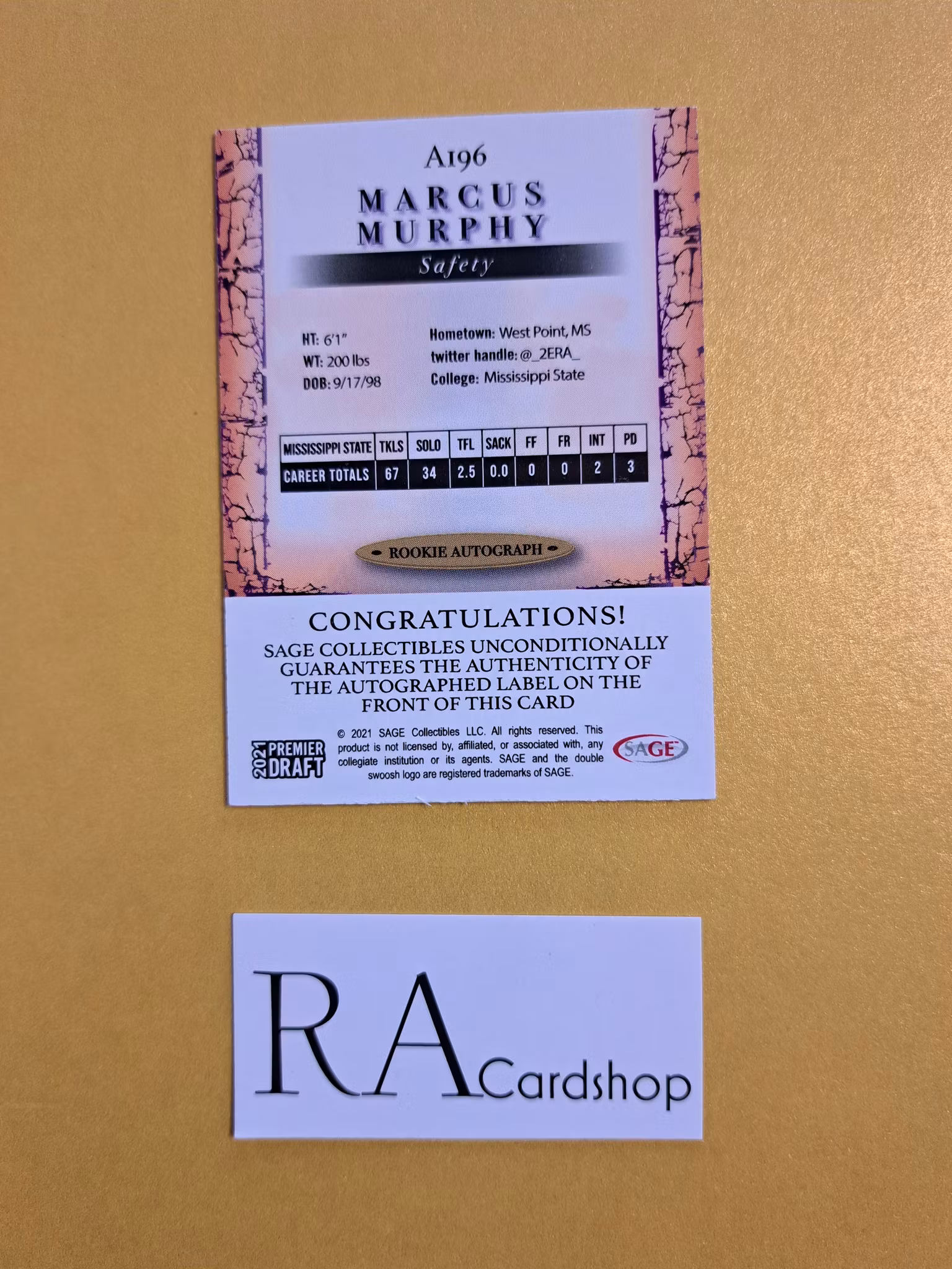 Marcus Murphy Rookie Autograph Card #A196 2021 Sage Hit Premier Draft
