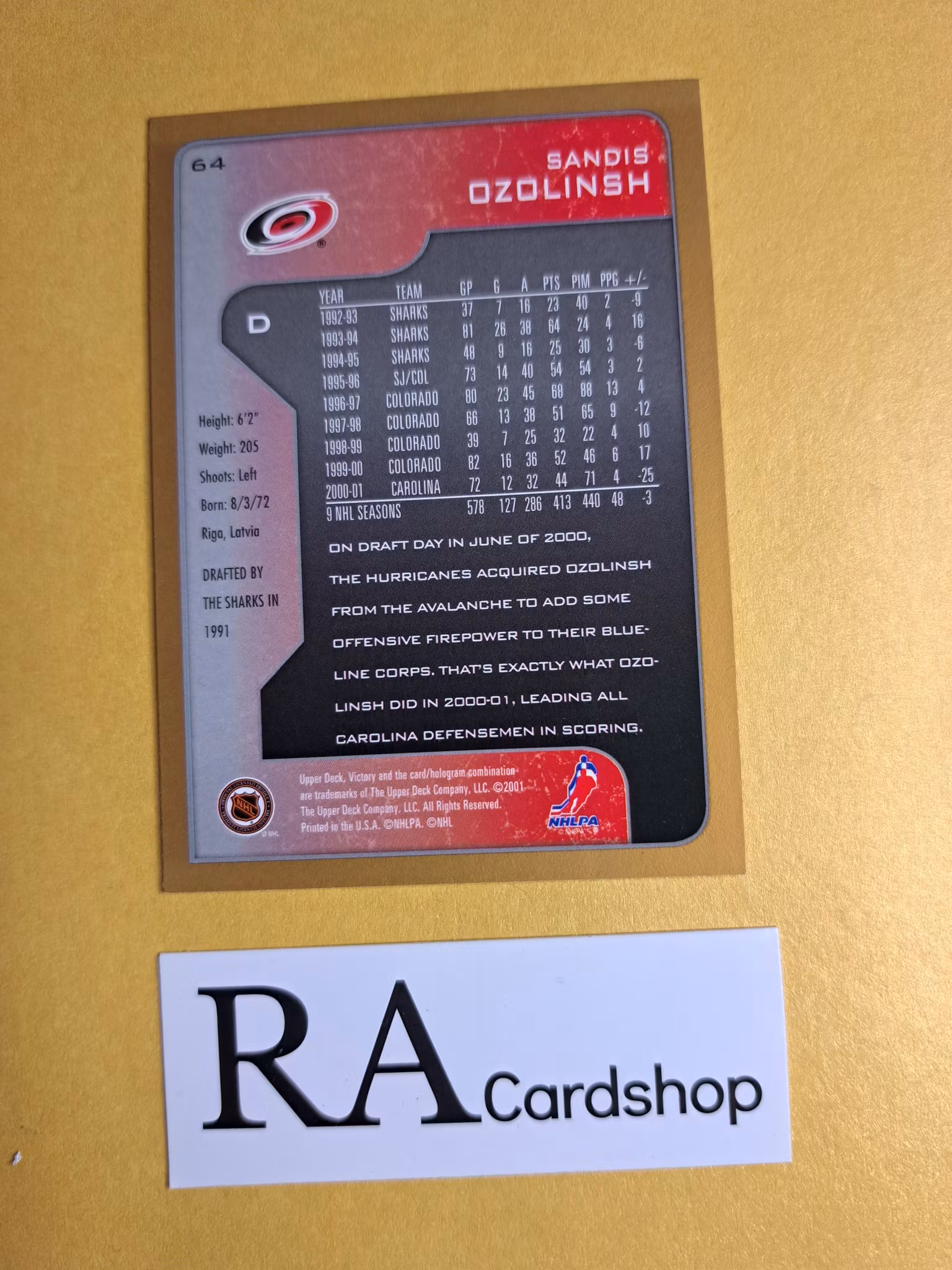 Sandis Ozolinsh Gold 01-02 Upper Deck Victory #64 NHL Hockey