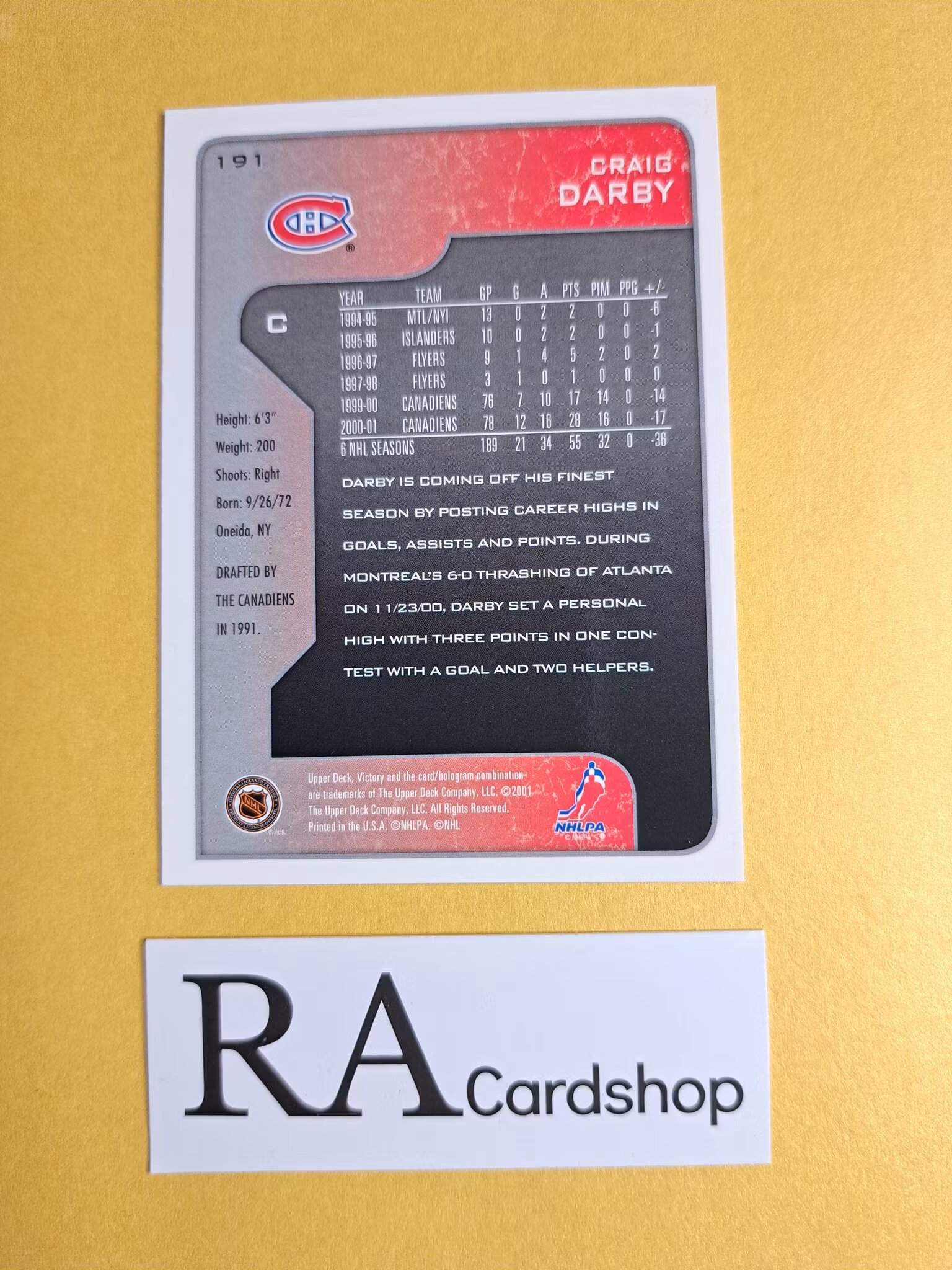 Craig Darby 01-02 Upper Deck Victory #191 NHL Hockey