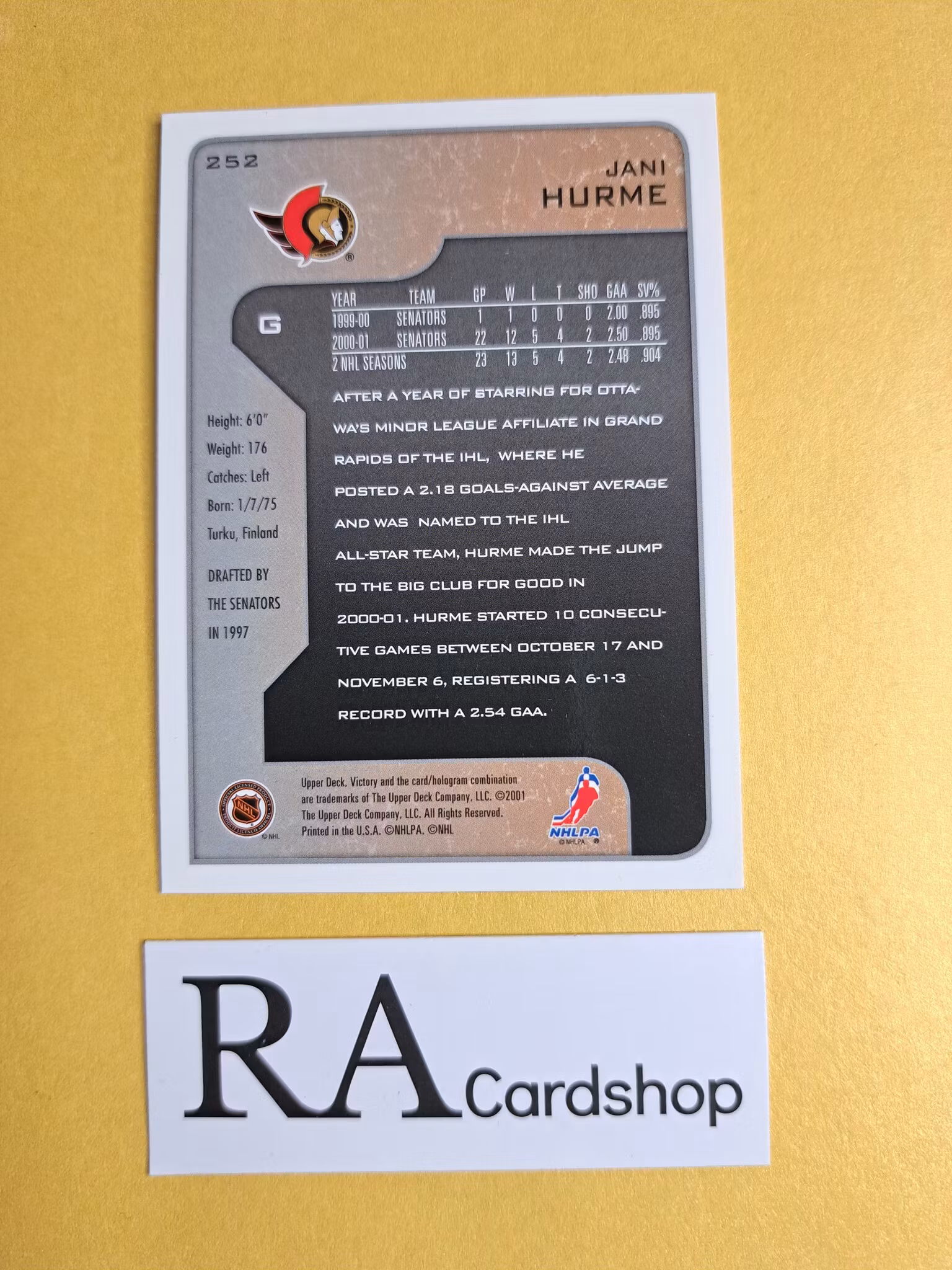 Jani Hurme 01-02 Upper Deck Victory #252 NHL Hockey
