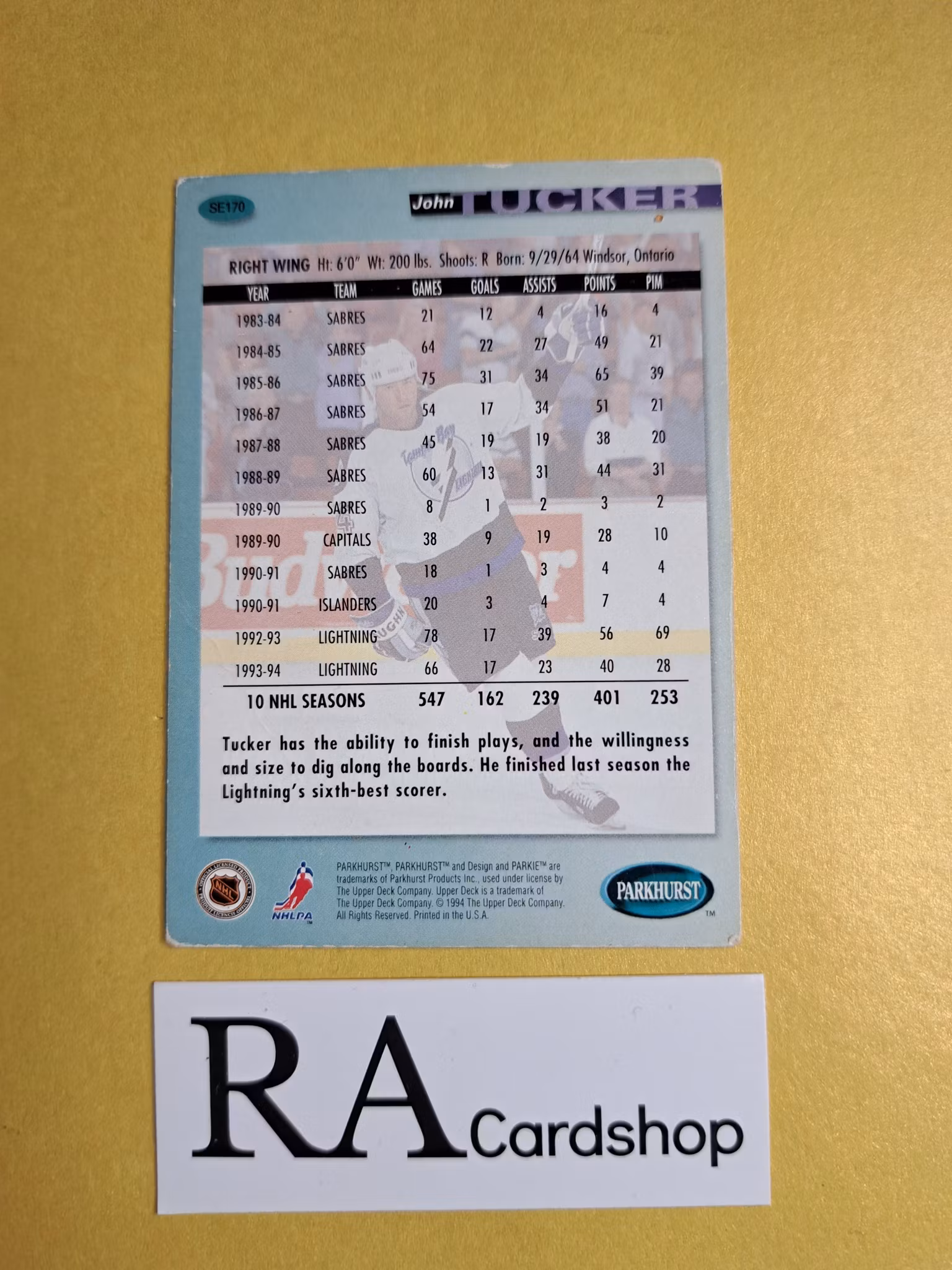 John Tucker 93-94 Parkhurst SE #SE170 NHL Hockey