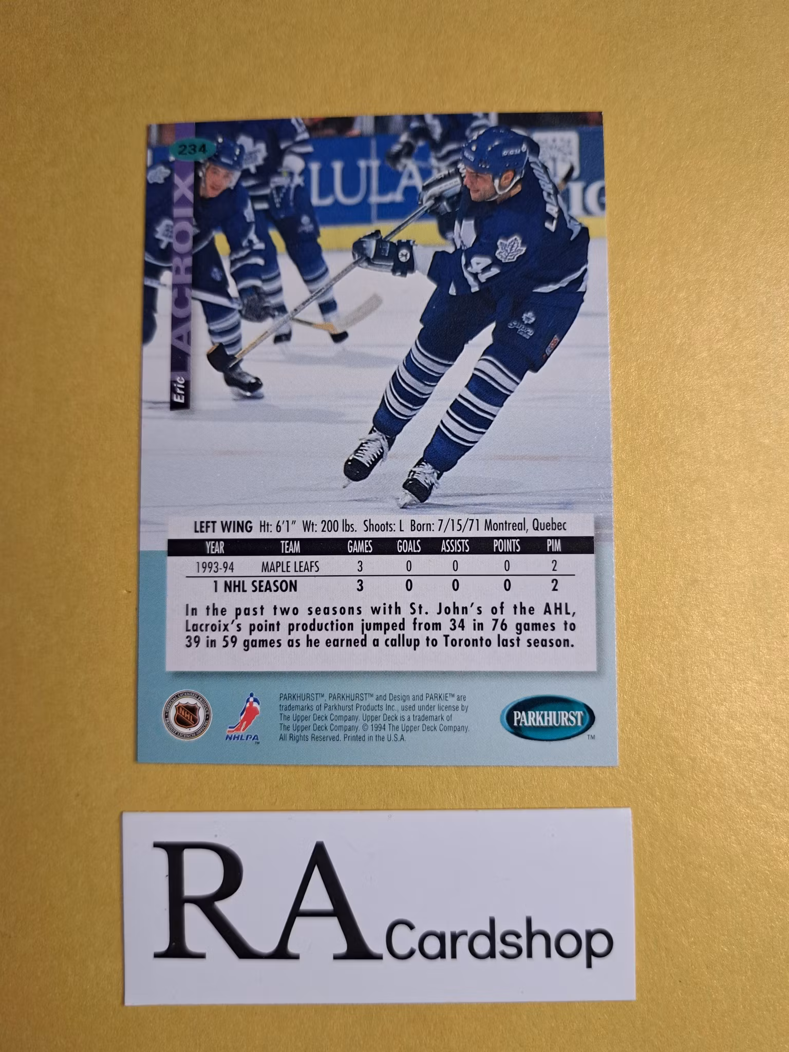 Eric Lacroix (1) 94-95 Parkhurst #234 NHL Hockey