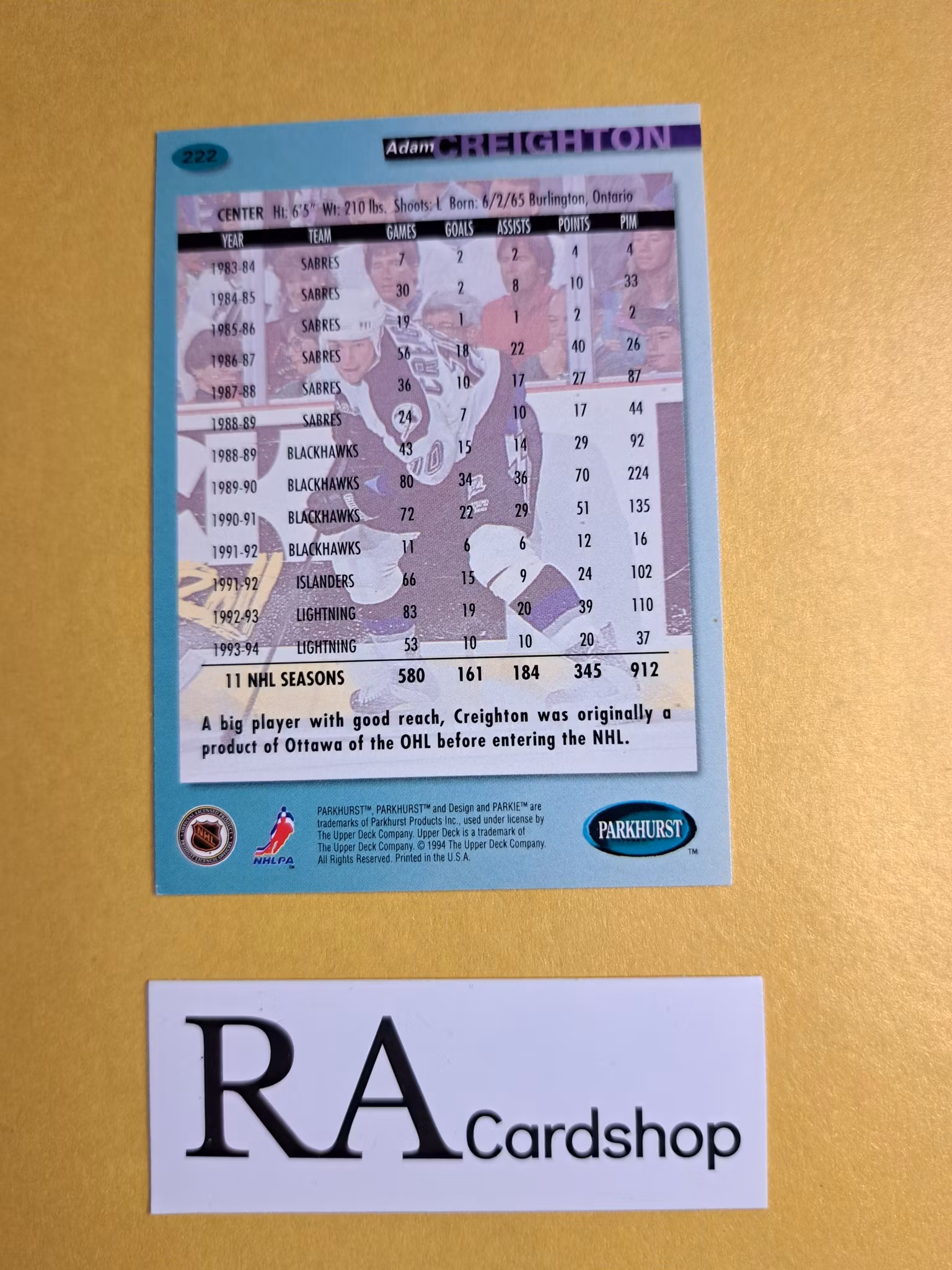 Adam Creighton 94-95 Parkhurst #222 NHL Hockey