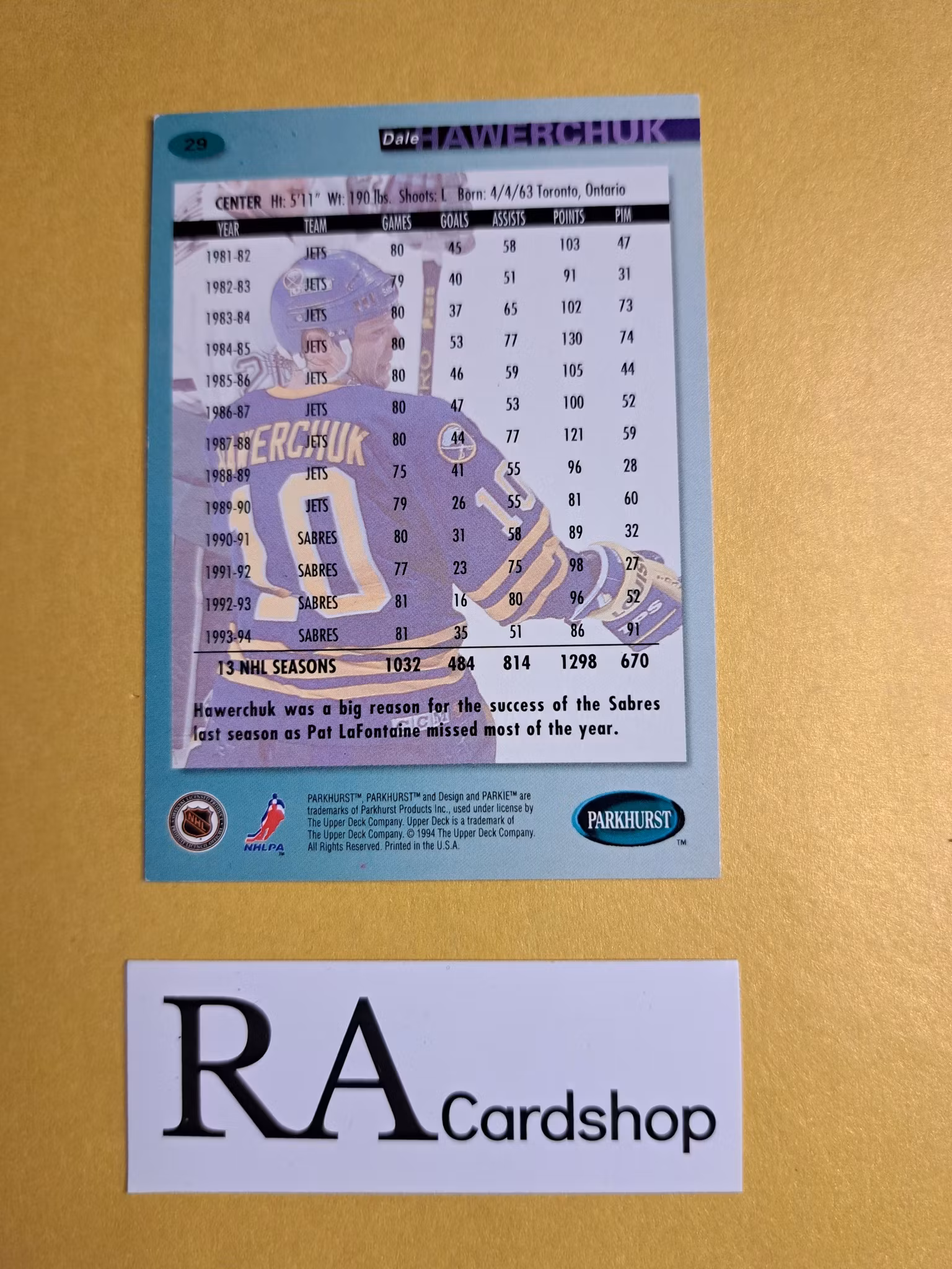 Dale Hawerchuk 94-95 Parkhurst #29 NHL Hockey