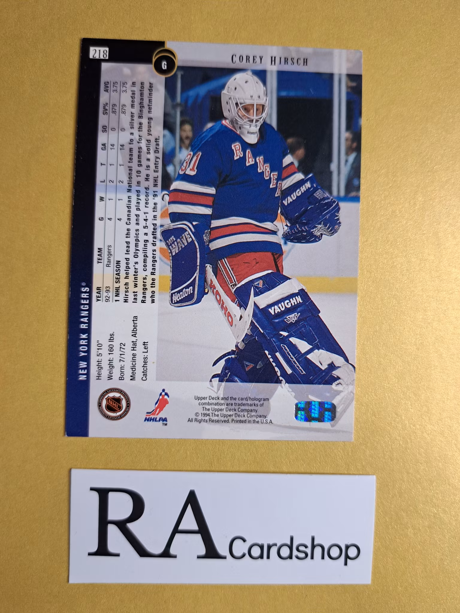 Corey Hirsch (2) 94-95 Upper Deck #218 NHL Hockey