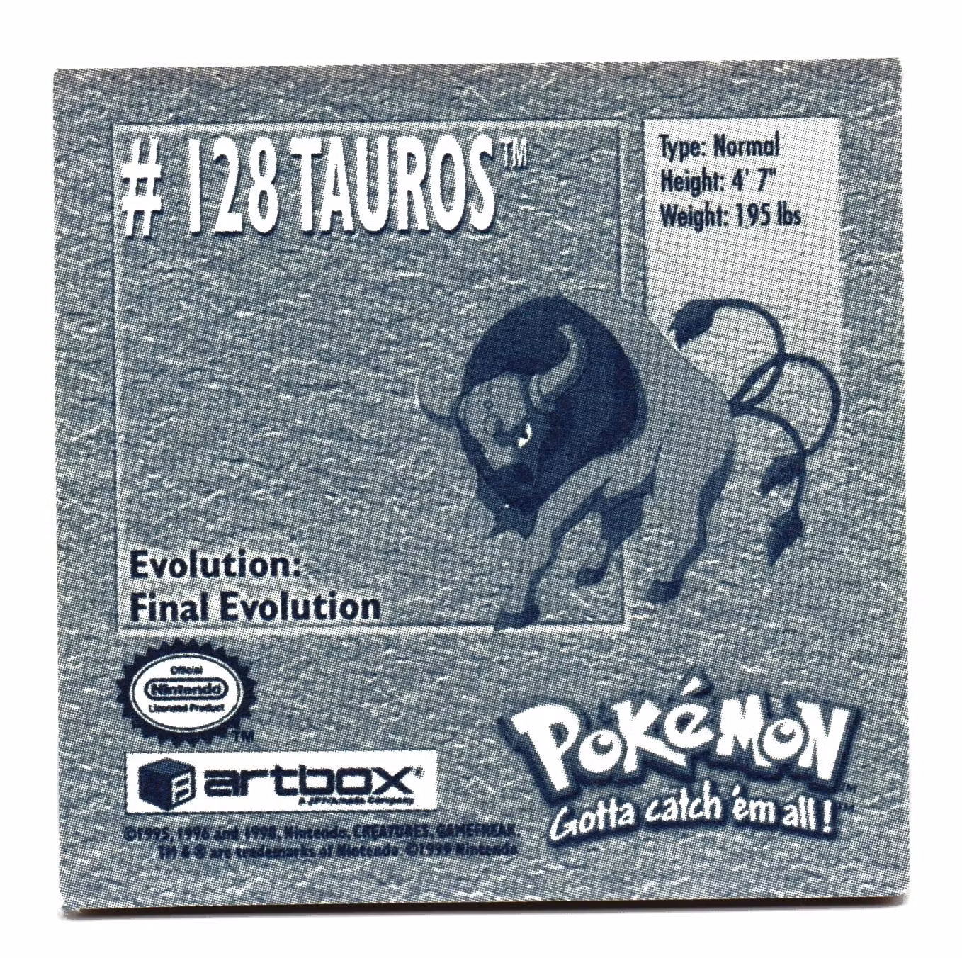Tauros #128 Stickers 1999 Series 1 Pokemon