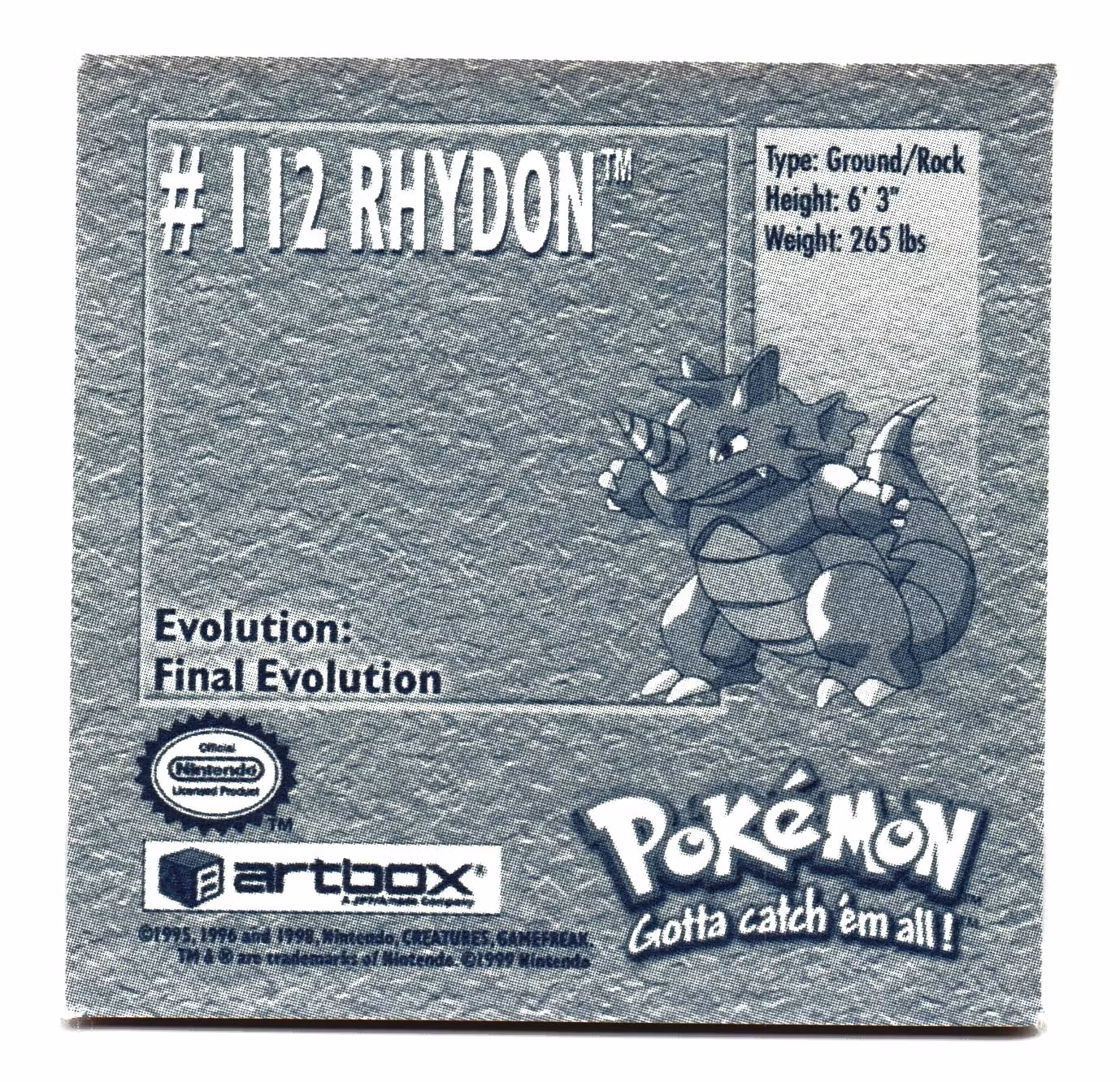 Rhydon #112 Stickers 1999 Series 1 Pokemon