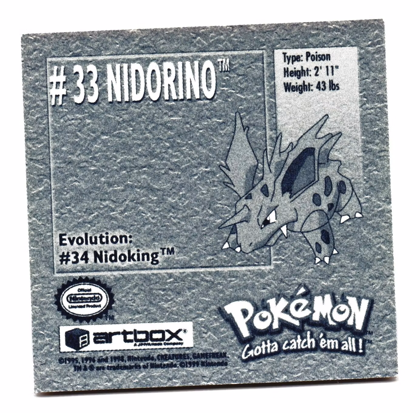 Nidorino #33 Stickers 1999 Series 1 Pokemon