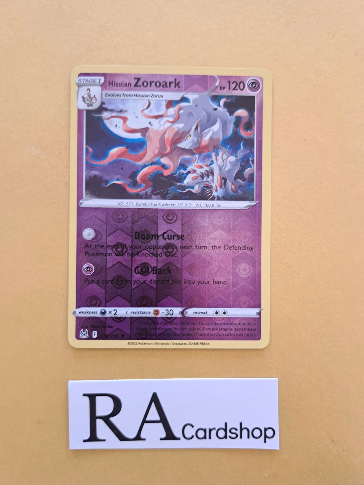 Hisuian Zoroark Reverse Holo Rare 076/196 Lost Origin Pokemon