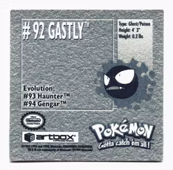 Gastly #92 Stickers 1999 Series 1 Pokemon