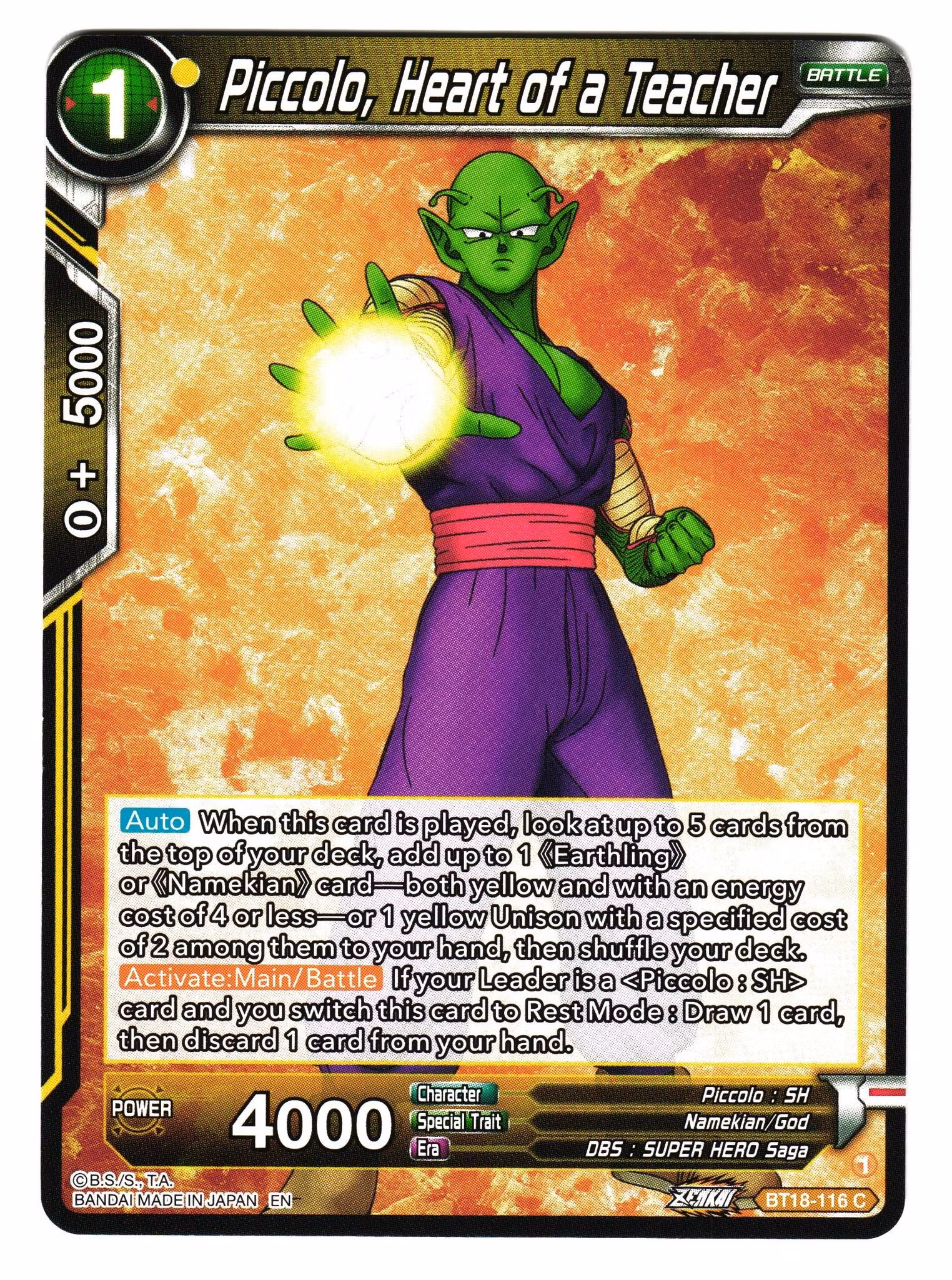 Piccolo Heart of a Teacher Bt18-116 Common Dawn Of The Z-Legends Dragon Ball