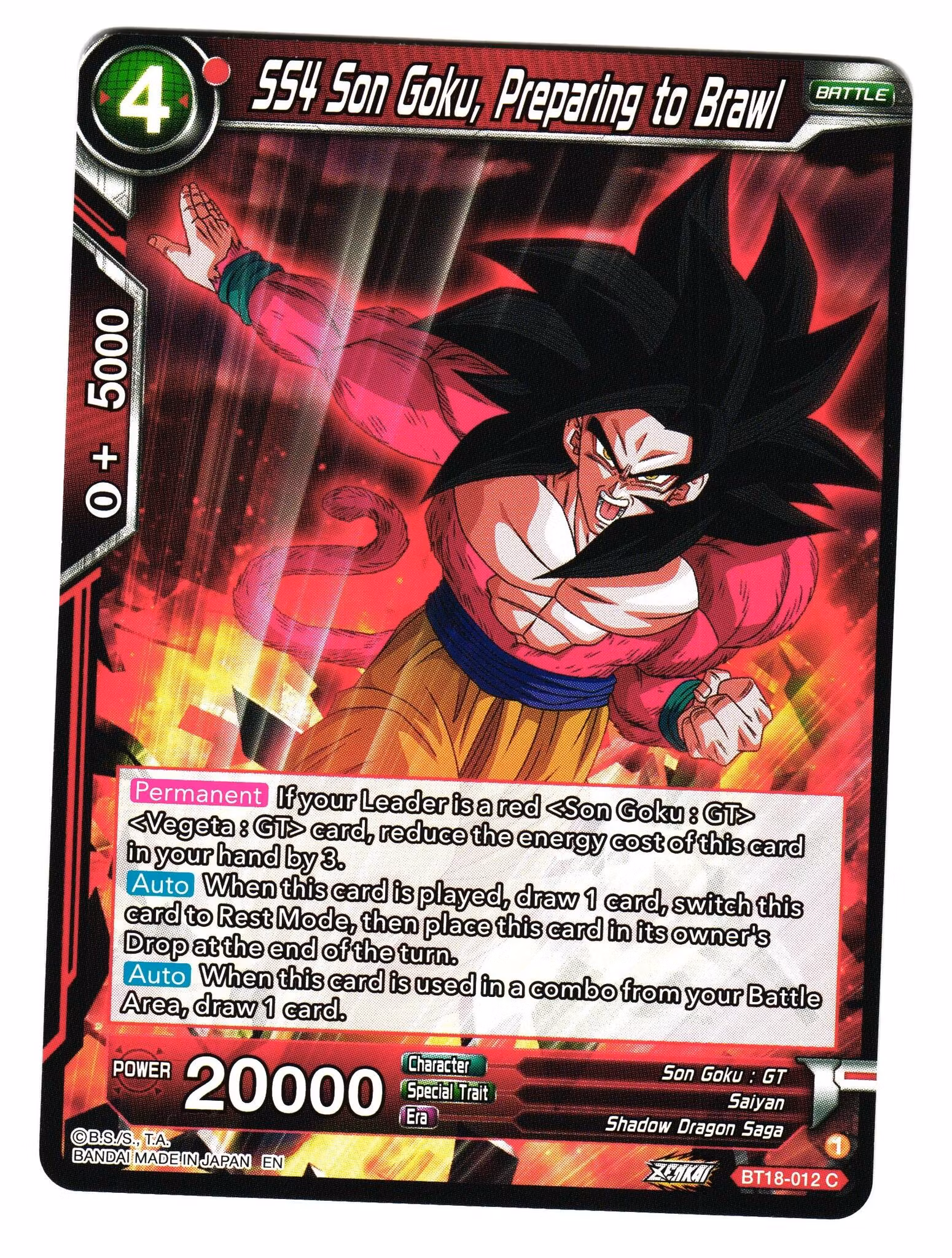 SS4 Son Goku Preparing to Brawl Bt18-12 Common Dawn Of The Z-Legends Dragon Ball