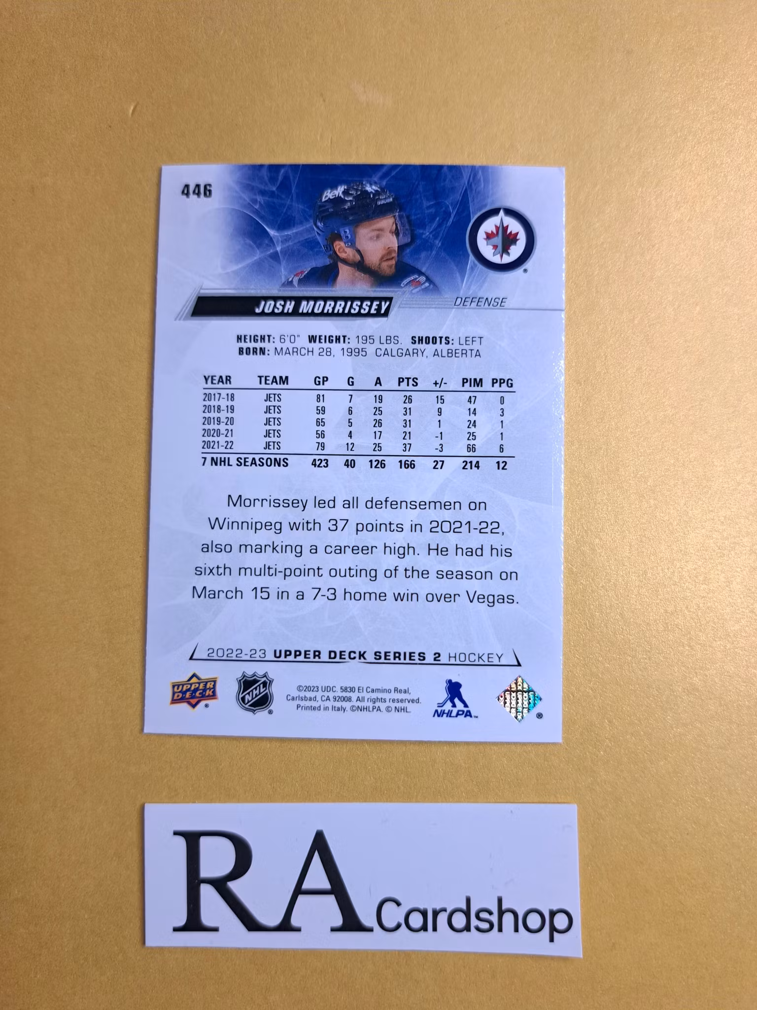 #446 Josh Morrissey 2022-23 Upper Deck Series 2 Hockey