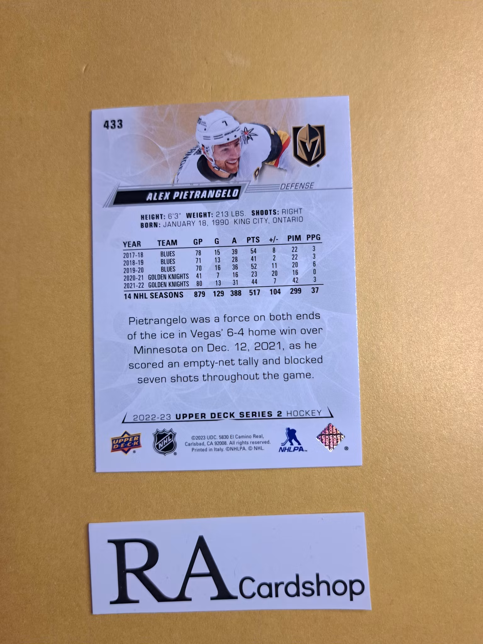 #433 Alex Pietrangelo 2022-23 Upper Deck Series 2 Hockey
