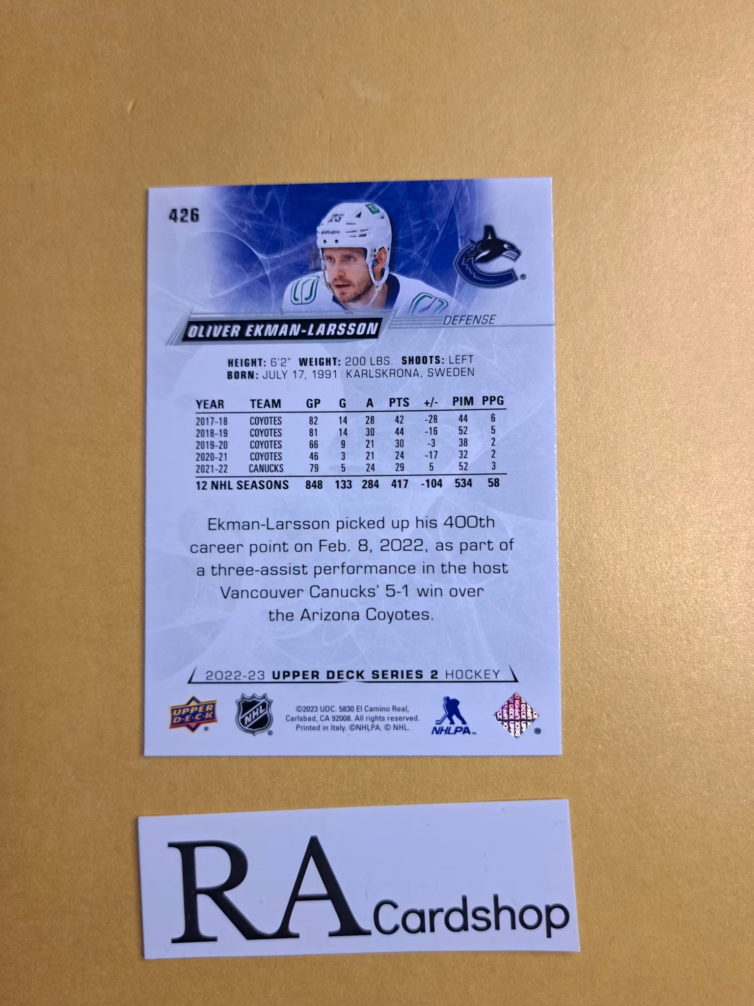 #426 Oliver Ekman - Larsson 2022-23 Upper Deck Series 2 Hockey