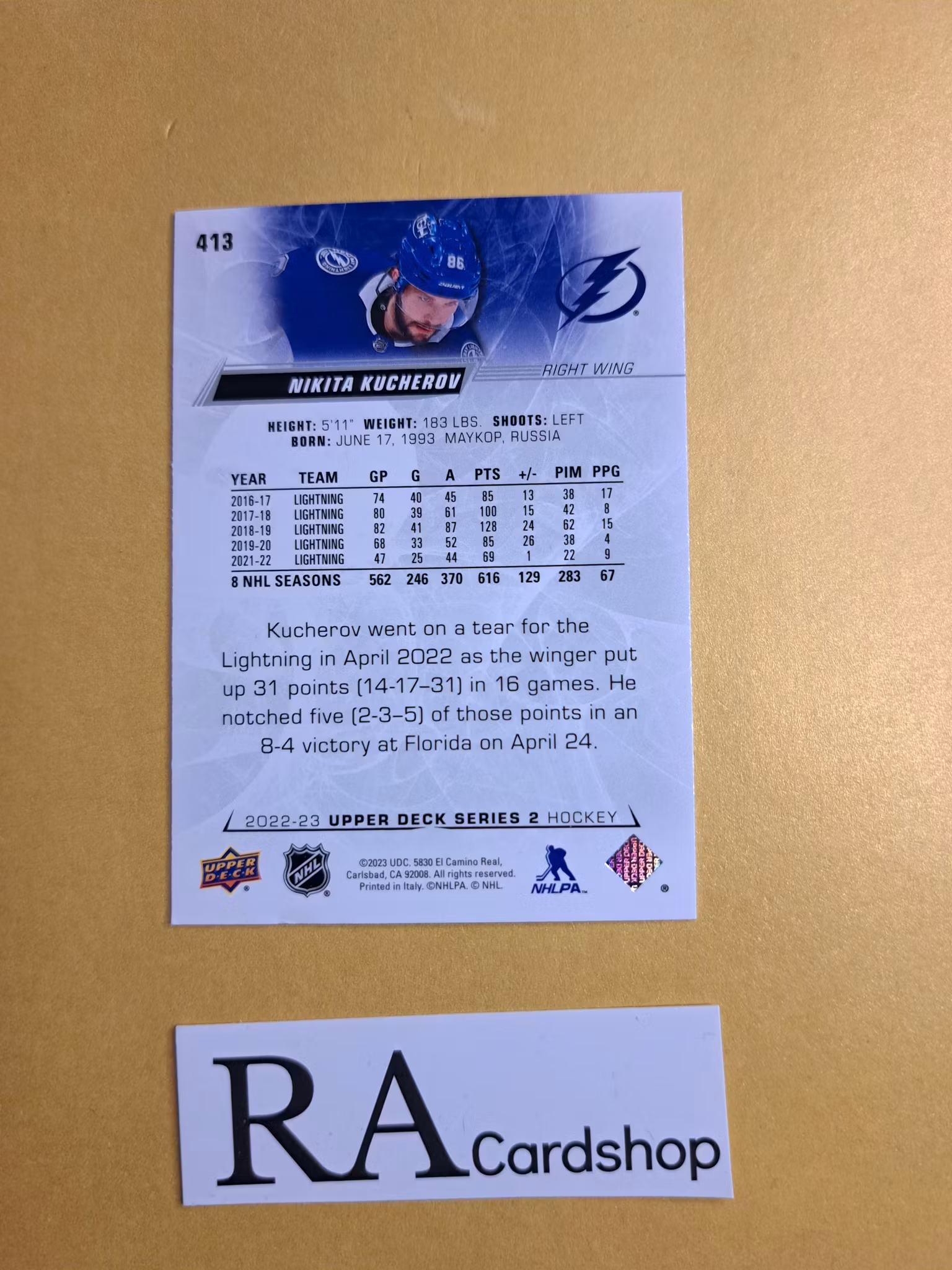 #413 Nikita Kucherov 2022-23 Upper Deck Series 2 Hockey