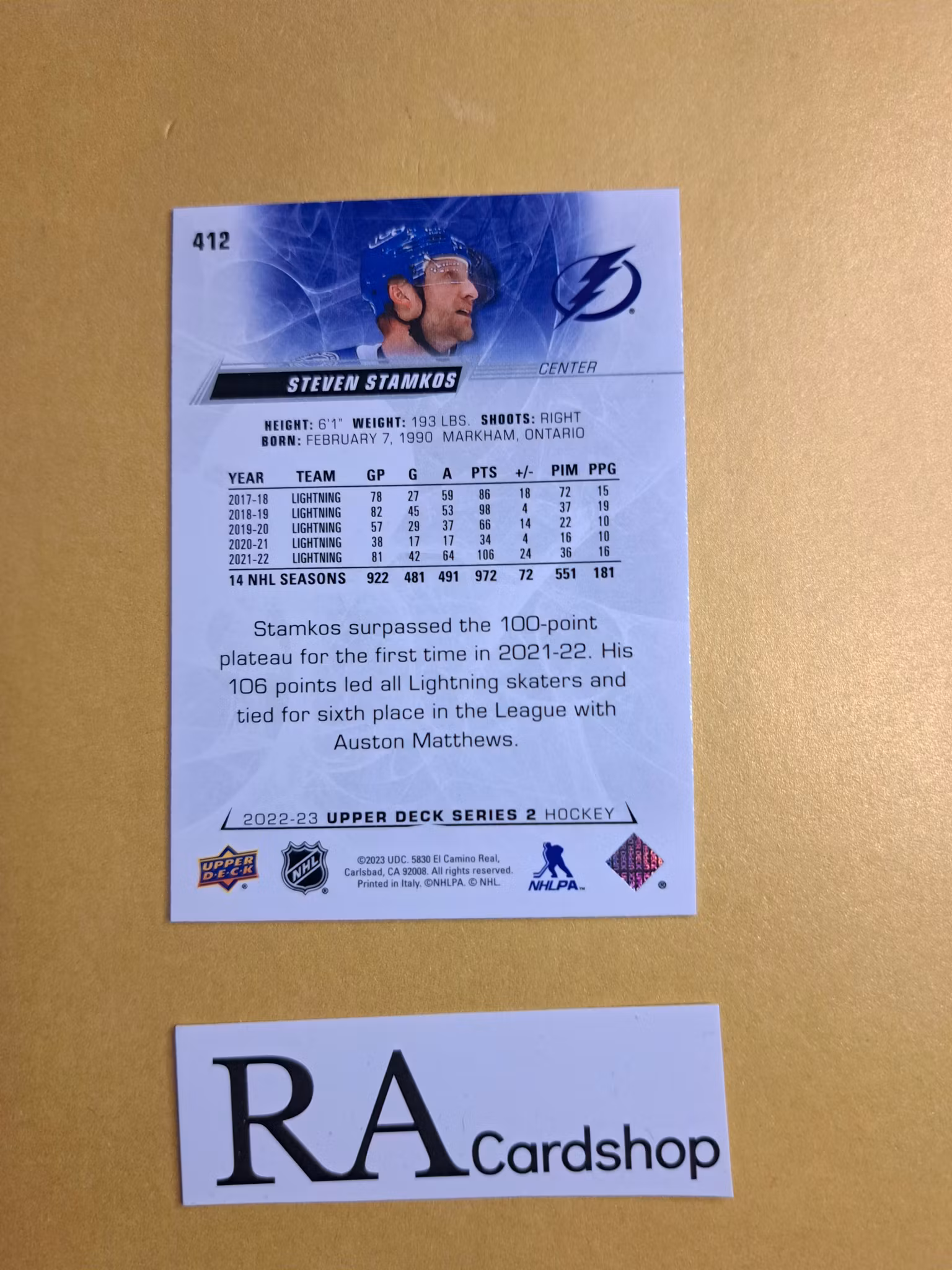 #412 Steven Stamkos 2022-23 Upper Deck Series 2 Hockey