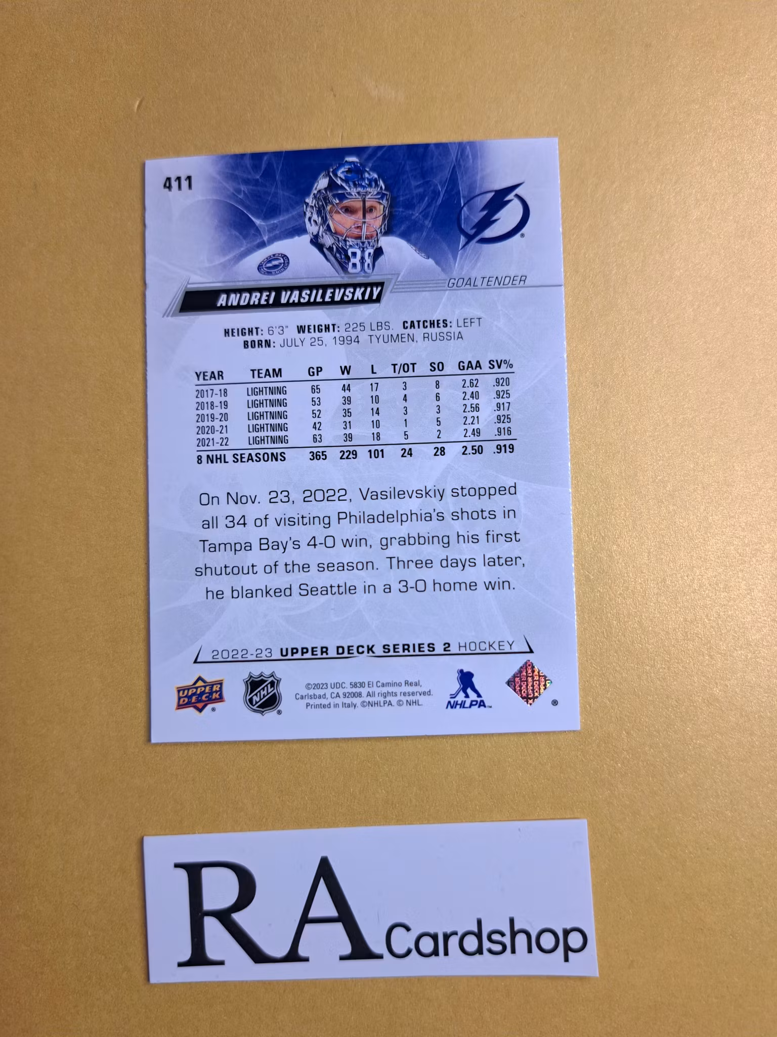 #411 Andrei Vasilevskiy 2022-23 Upper Deck Series 2 Hockey