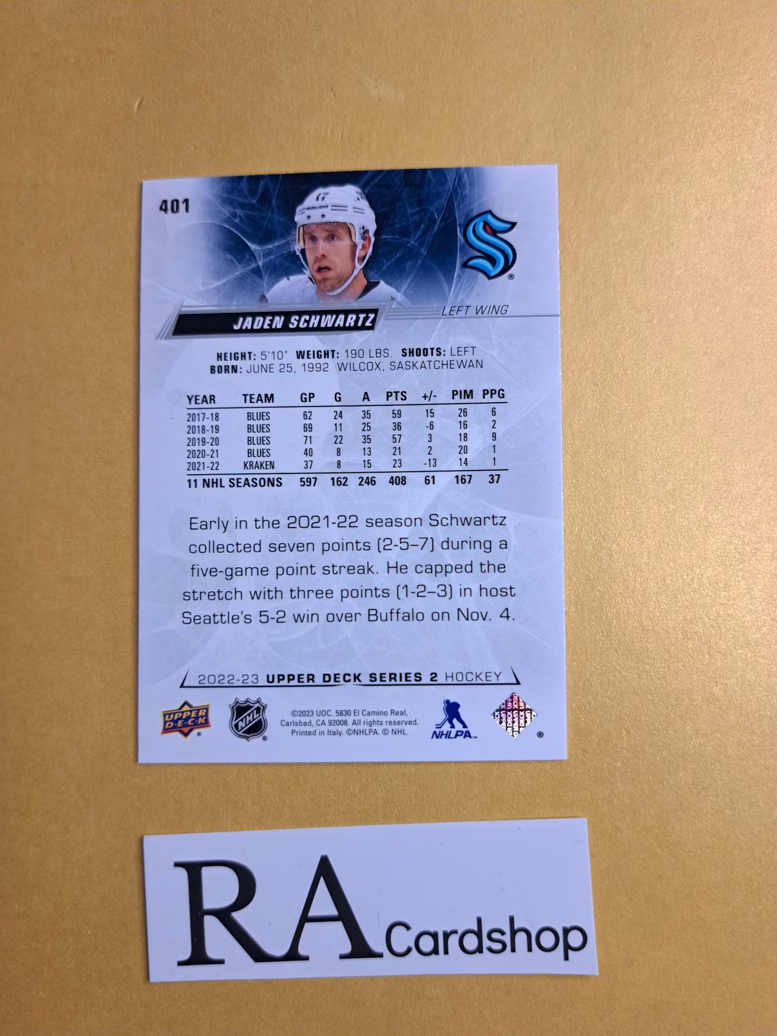 #401 Jaden Schwartz 2022-23 Upper Deck Series 2 Hockey