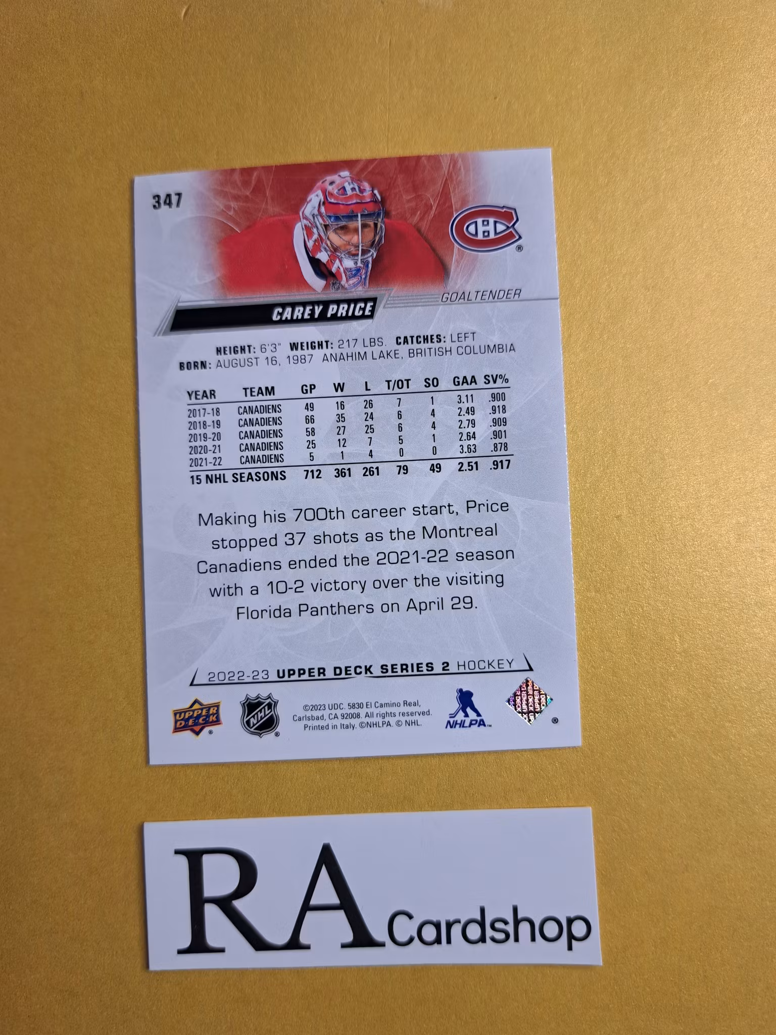 #347 Carey Price 2022-23 Upper Deck Series 2 Hockey