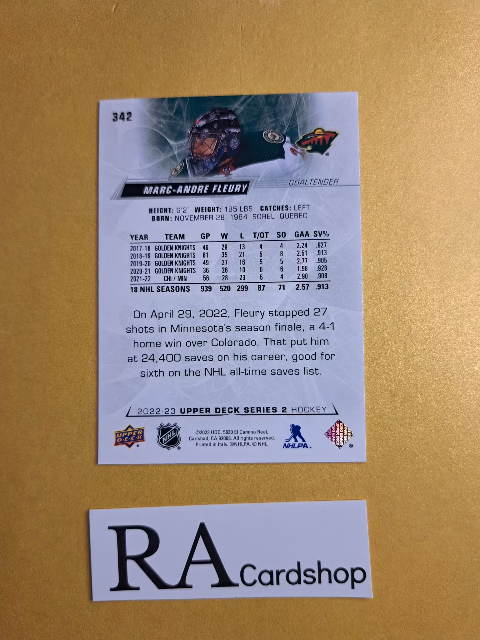 #342 Marc - Andre Fleury 2022-23 Upper Deck Series 2 Hockey