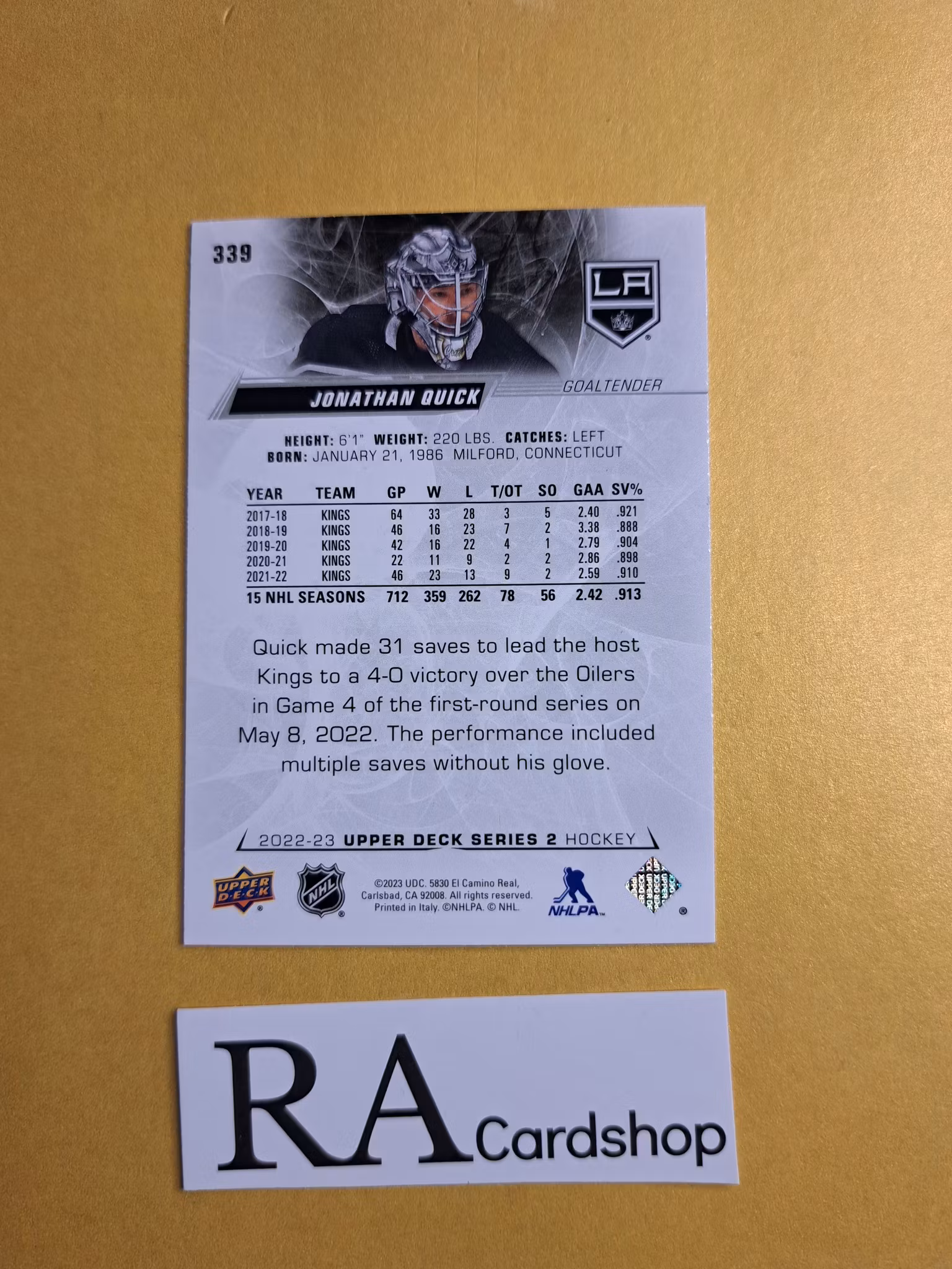 #339 Jonathan Quick 2022-23 Upper Deck Series 2 Hockey