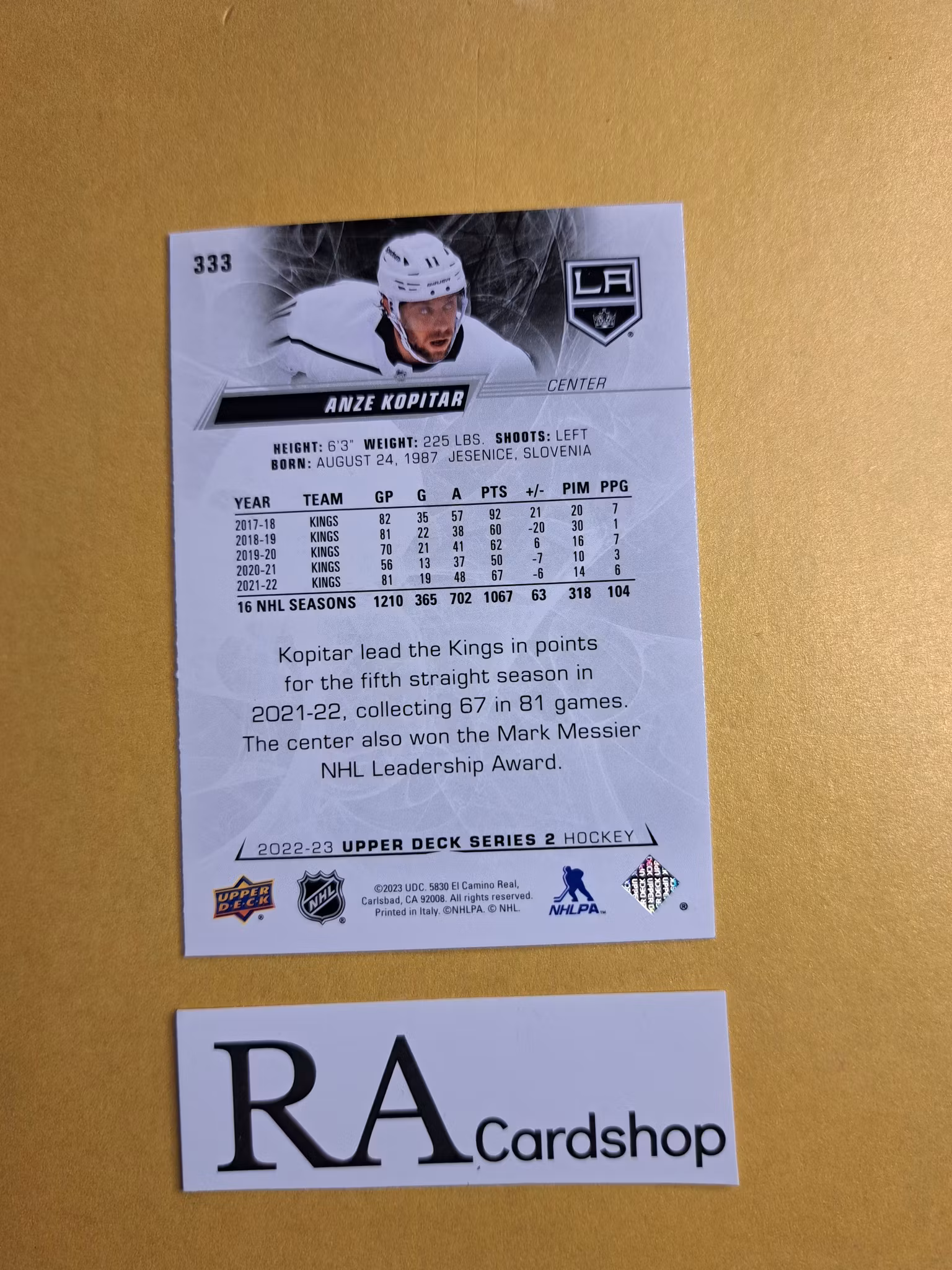 #333 Anze Kopitar 2022-23 Upper Deck Series 2 Hockey