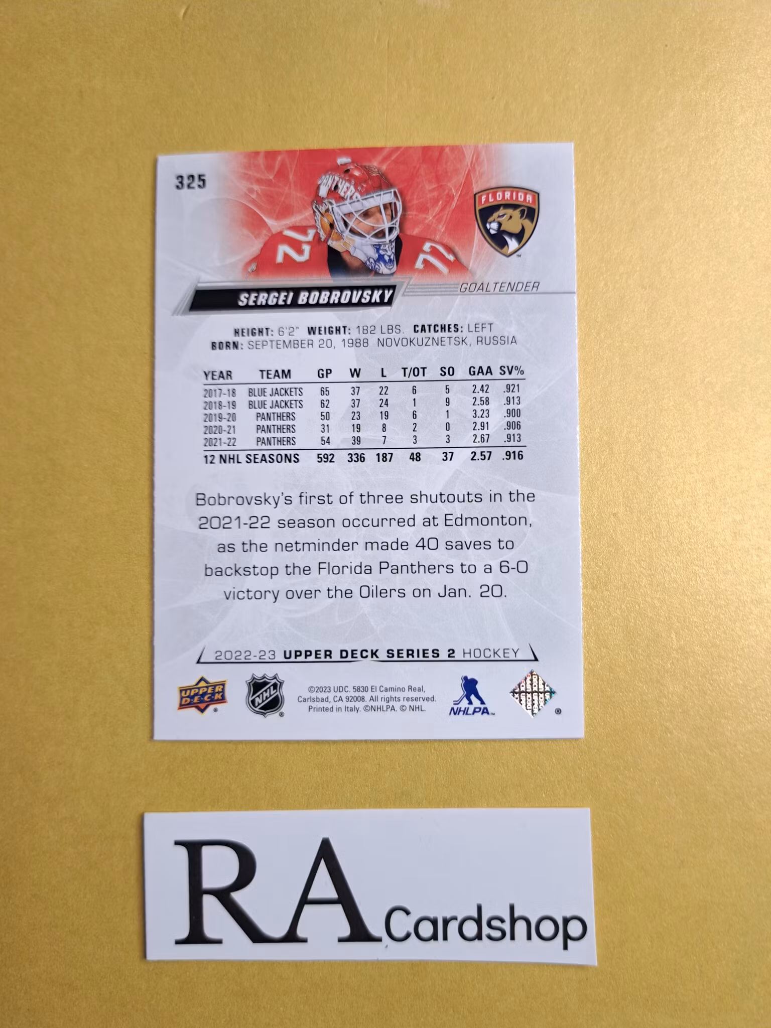 #325 Sergei Bobrovsky 2022-23 Upper Deck Series 2 Hockey