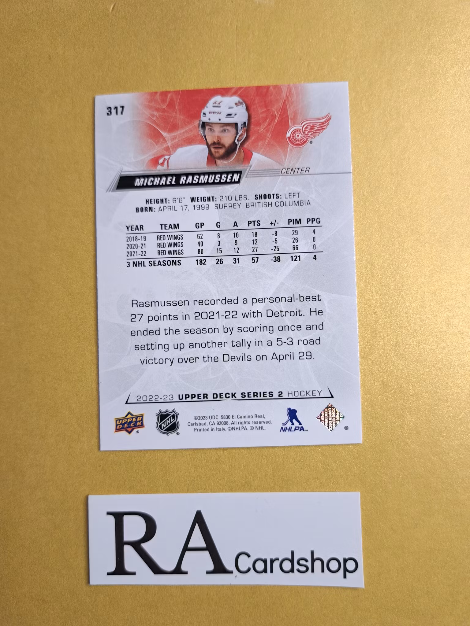 #317 Michael Rasmussen 2022-23 Upper Deck Series 2 Hockey