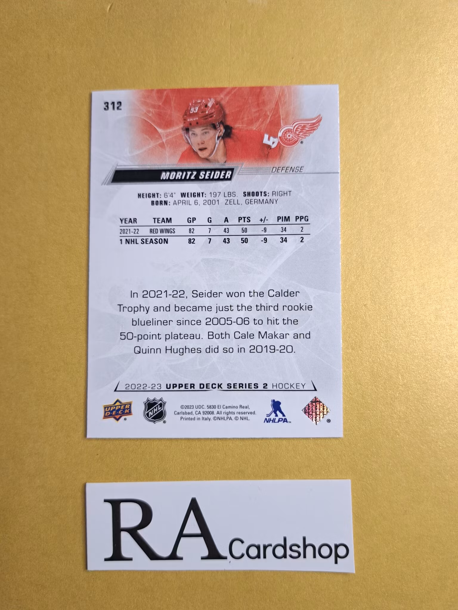 #312 Moritz Seider 2022-23 Upper Deck Series 2 Hockey