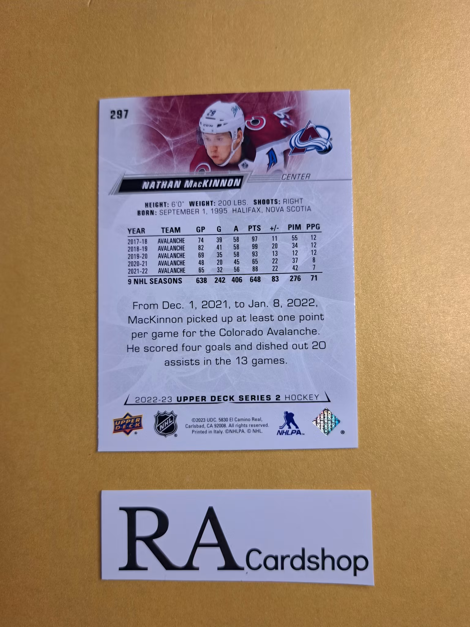 #297 Nathan MacKinnin 2022-23 Upper Deck Series 2 Hockey