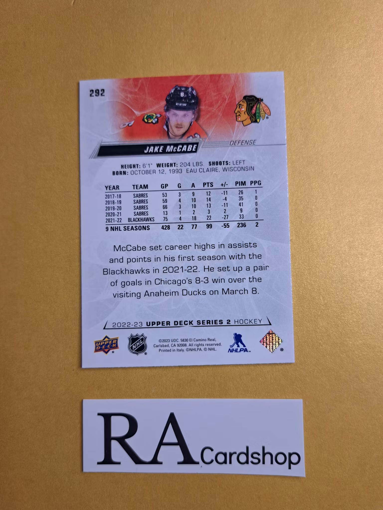 #292 Jake McCabe 2022-23 Upper Deck Series 2 Hockey