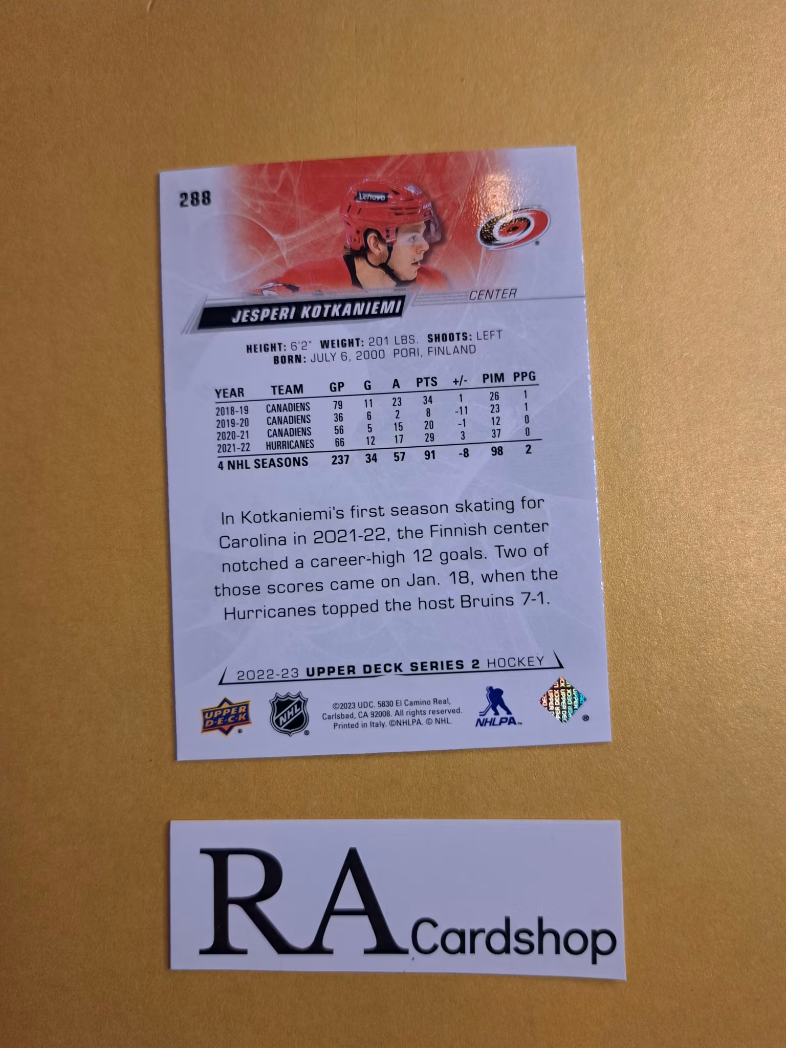 #288 Jesperi Kotkaniemi 2022-23 Upper Deck Series 2 Hockey