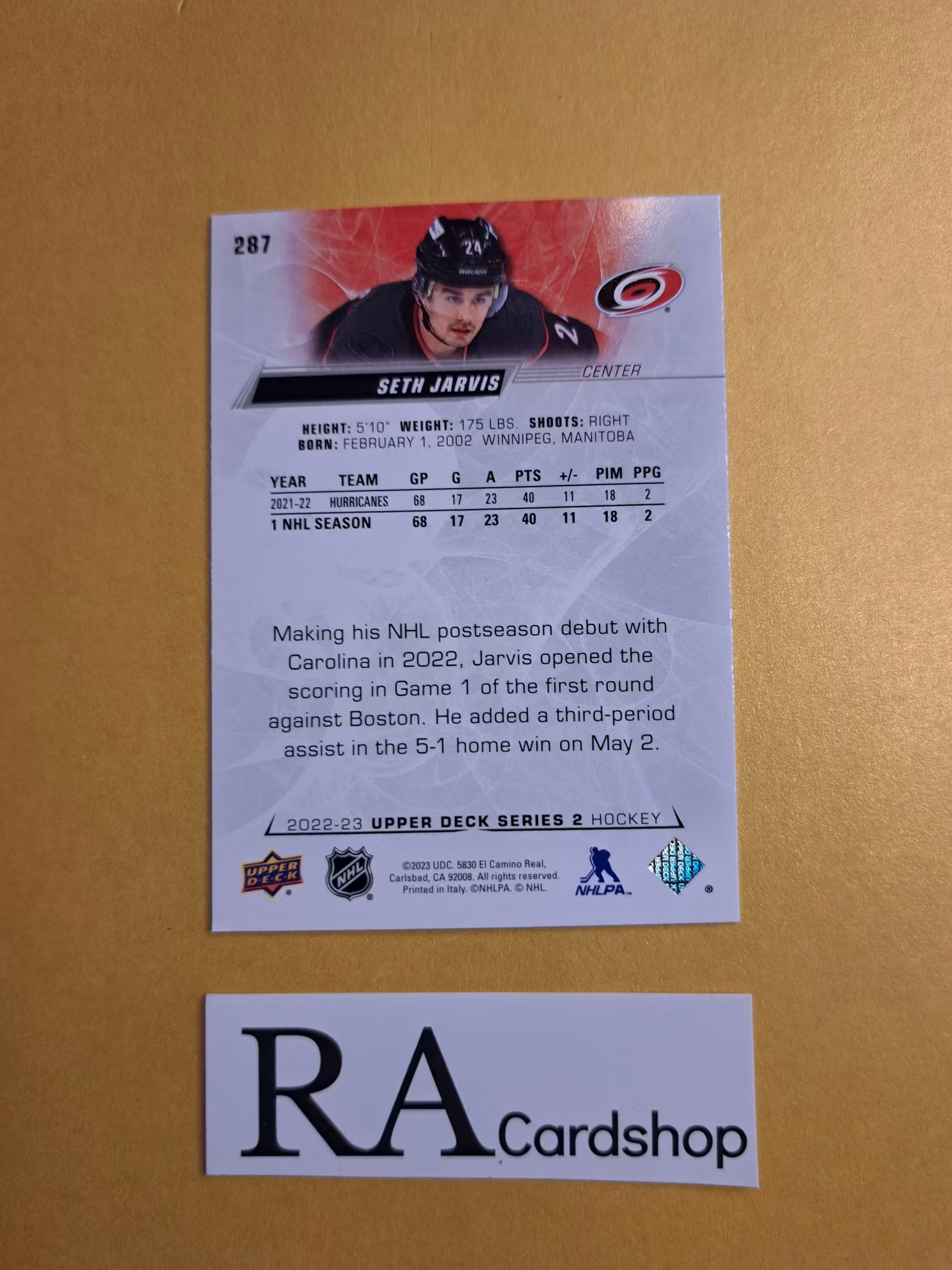 #287 Seth Jarvis 2022-23 Upper Deck Series 2 Hockey