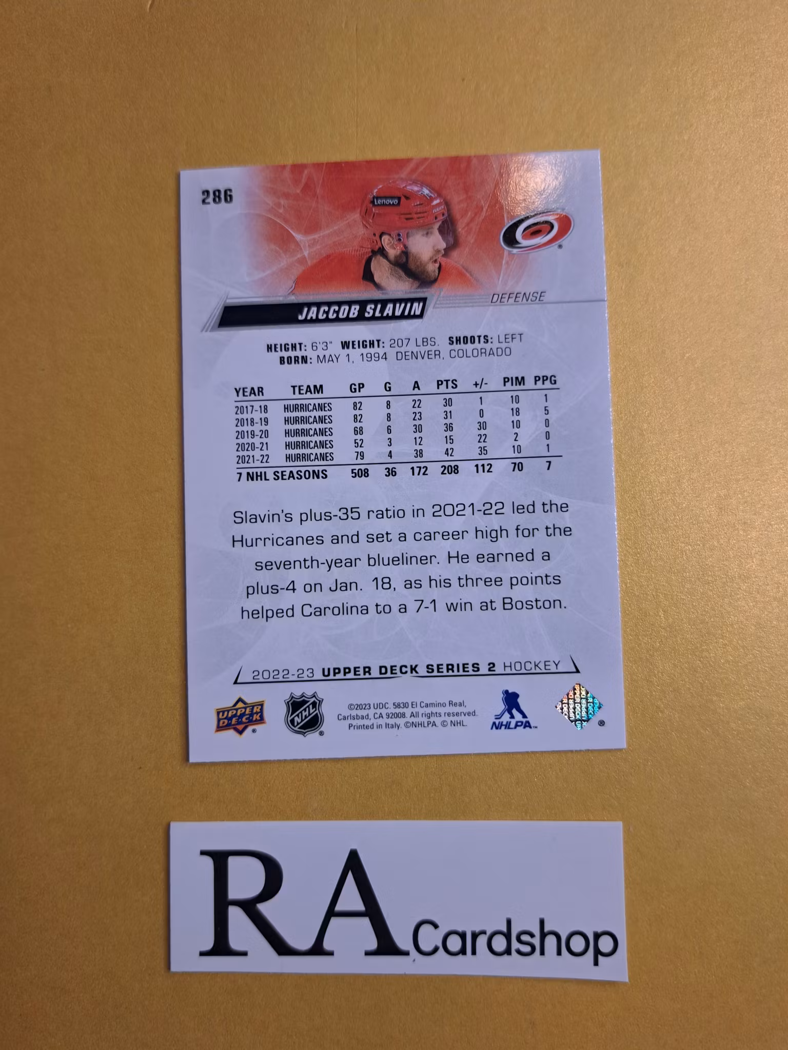 #286 Jaccob Slavin 2022-23 Upper Deck Series 2 Hockey