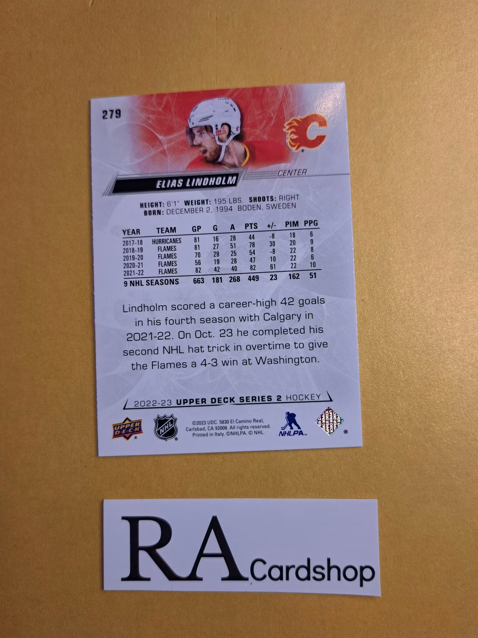 #279 Elias Lindholm 2022-23 Upper Deck Series 2 Hockey