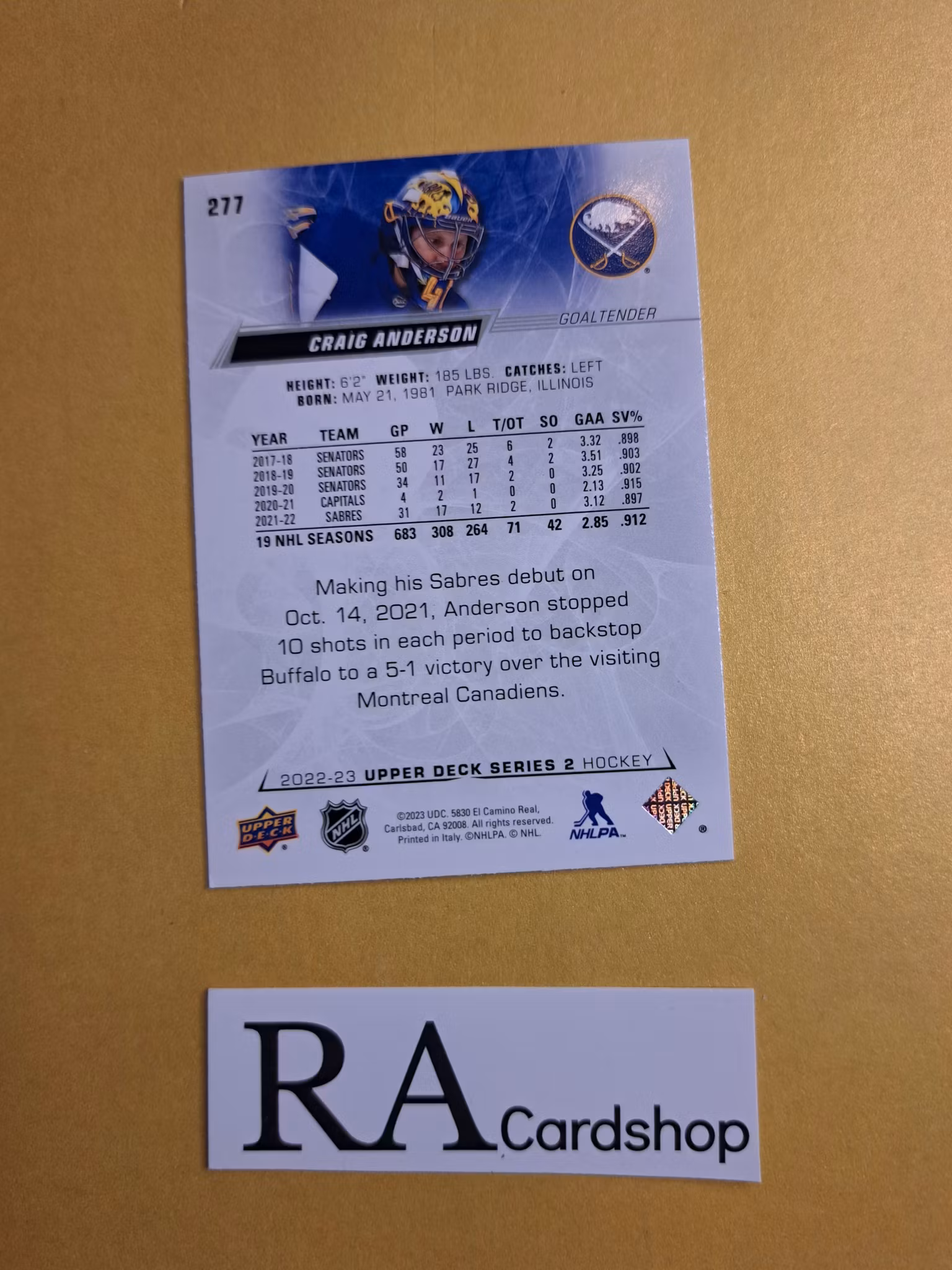 #277 Craig Anderson 2022-23 Upper Deck Series 2 Hockey