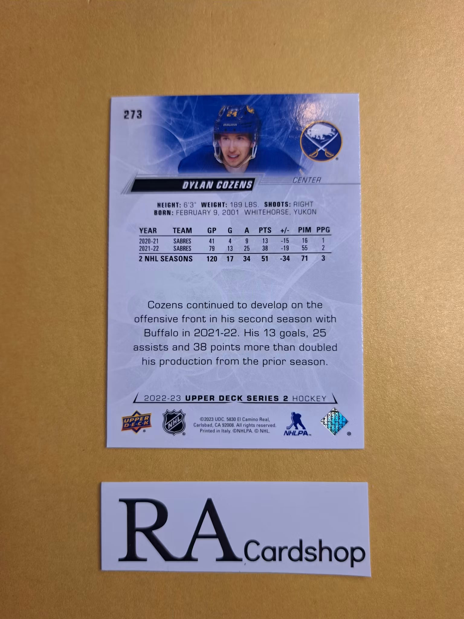 #273 Dylan Cozens 2022-23 Upper Deck Series 2 Hockey