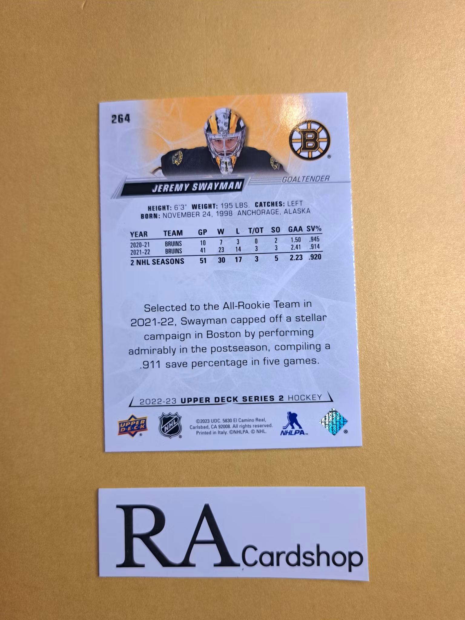 #264 Jeremy Swayman 2022-23 Upper Deck Series 2 Hockey