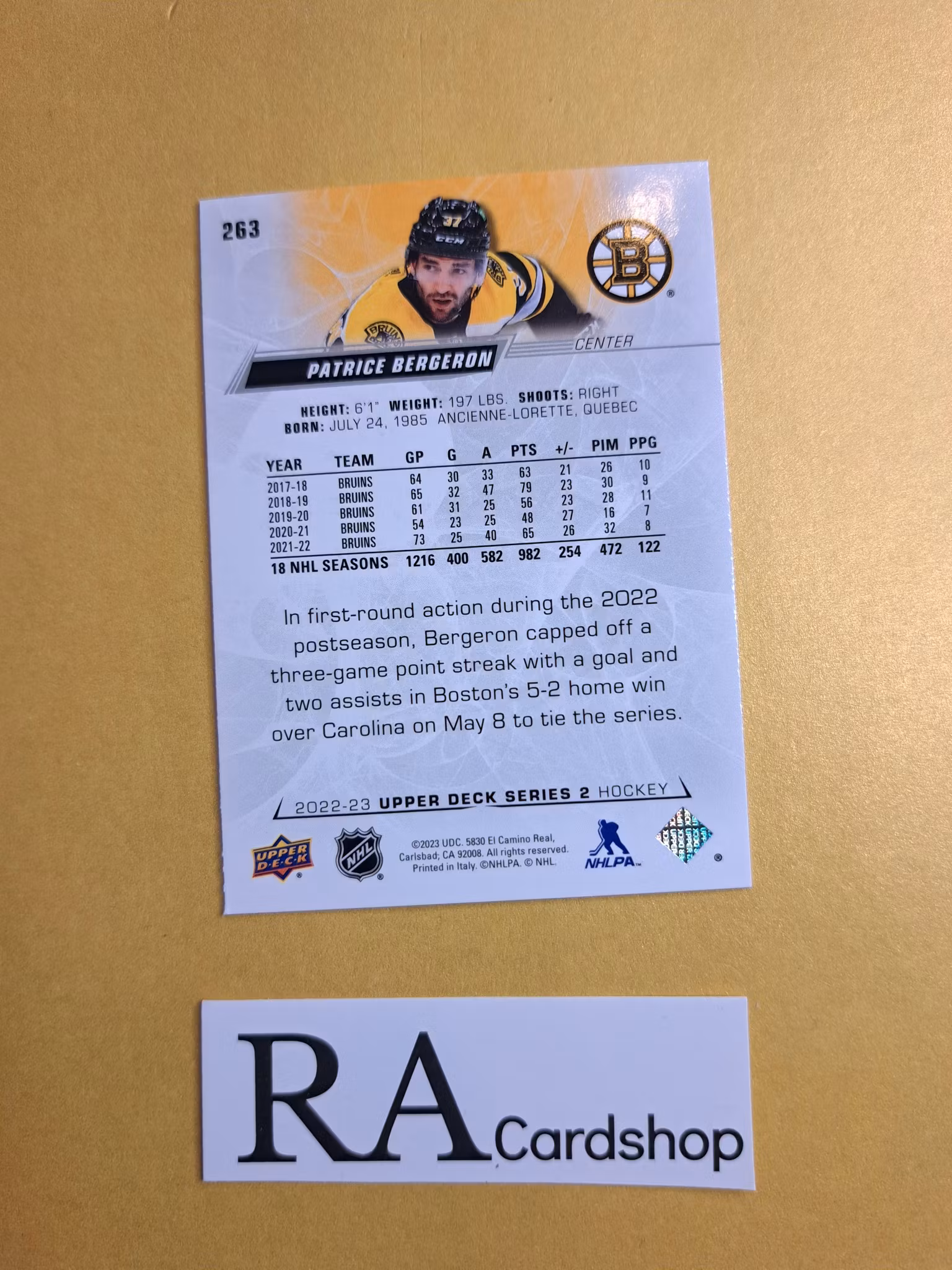 #263 Patrice Bergeron 2022-23 Upper Deck Series 2 Hockey