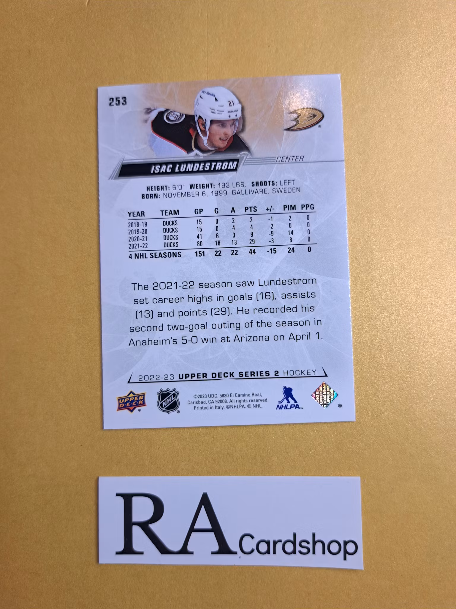 #253 Isac Lundestrom 2022-23 Upper Deck Series 2 Hockey