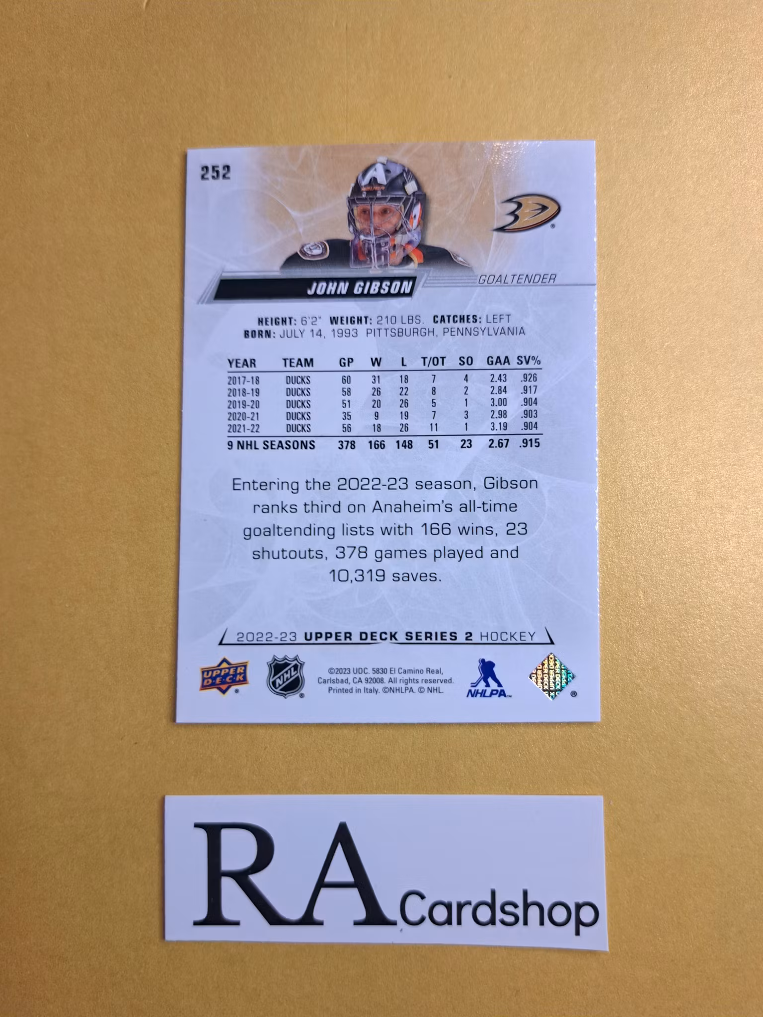 #252 John Gibson 2022-23 Upper Deck Series 2 Hockey