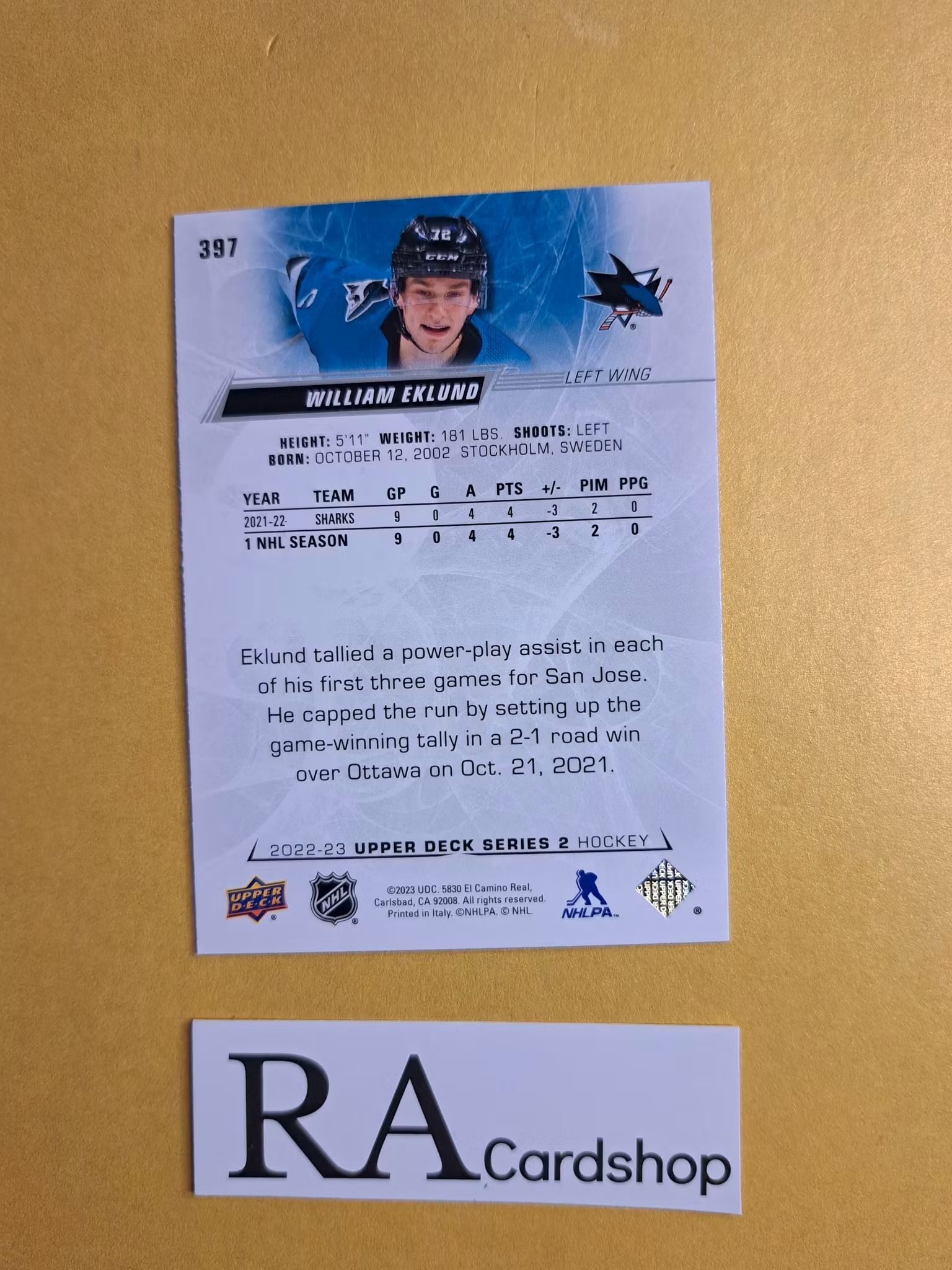 #397 William Eklund 2022-23 Upper Deck Series 2 Hockey