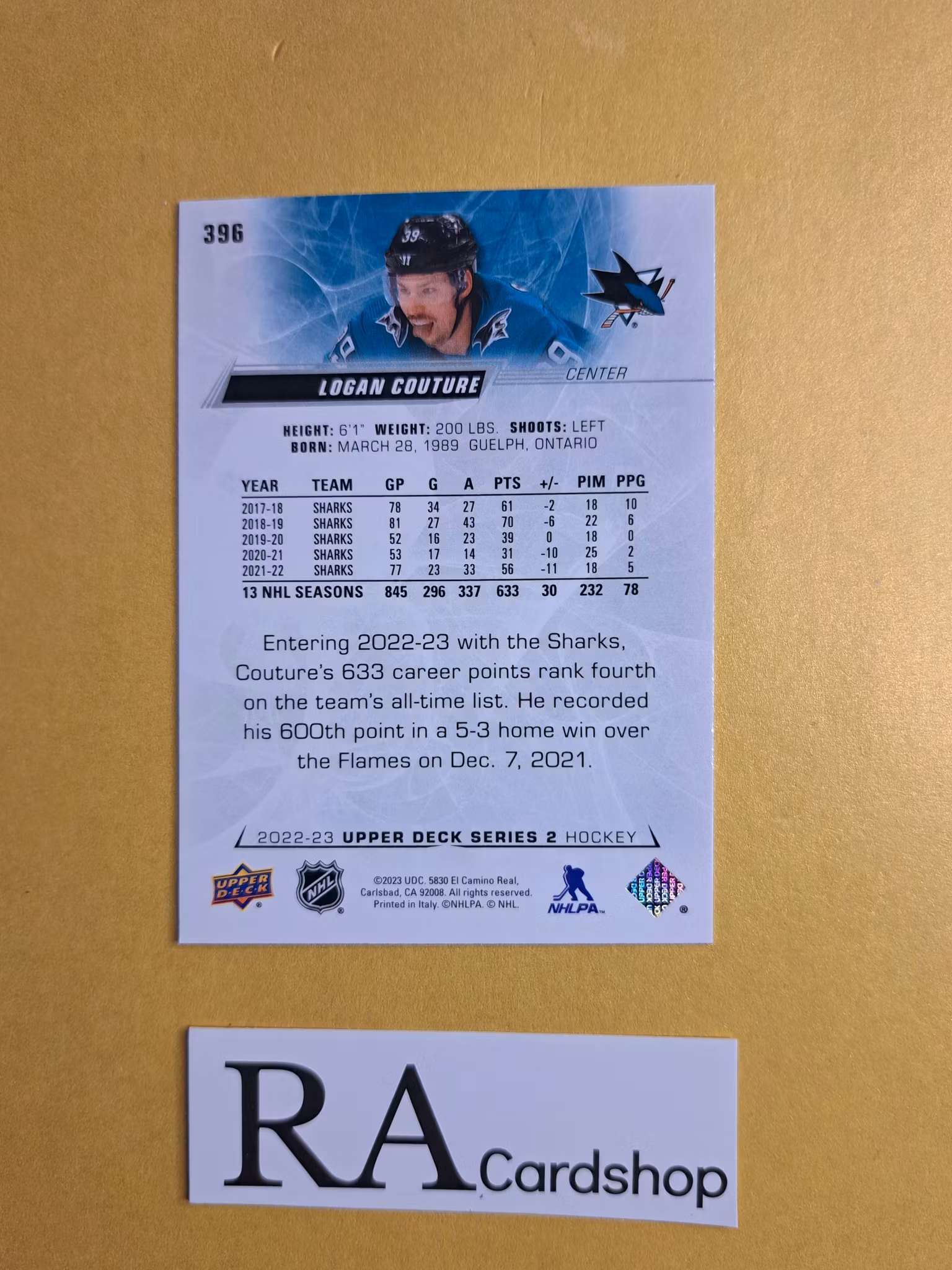 #396 Logan Couture 2022-23 Upper Deck Series 2 Hockey