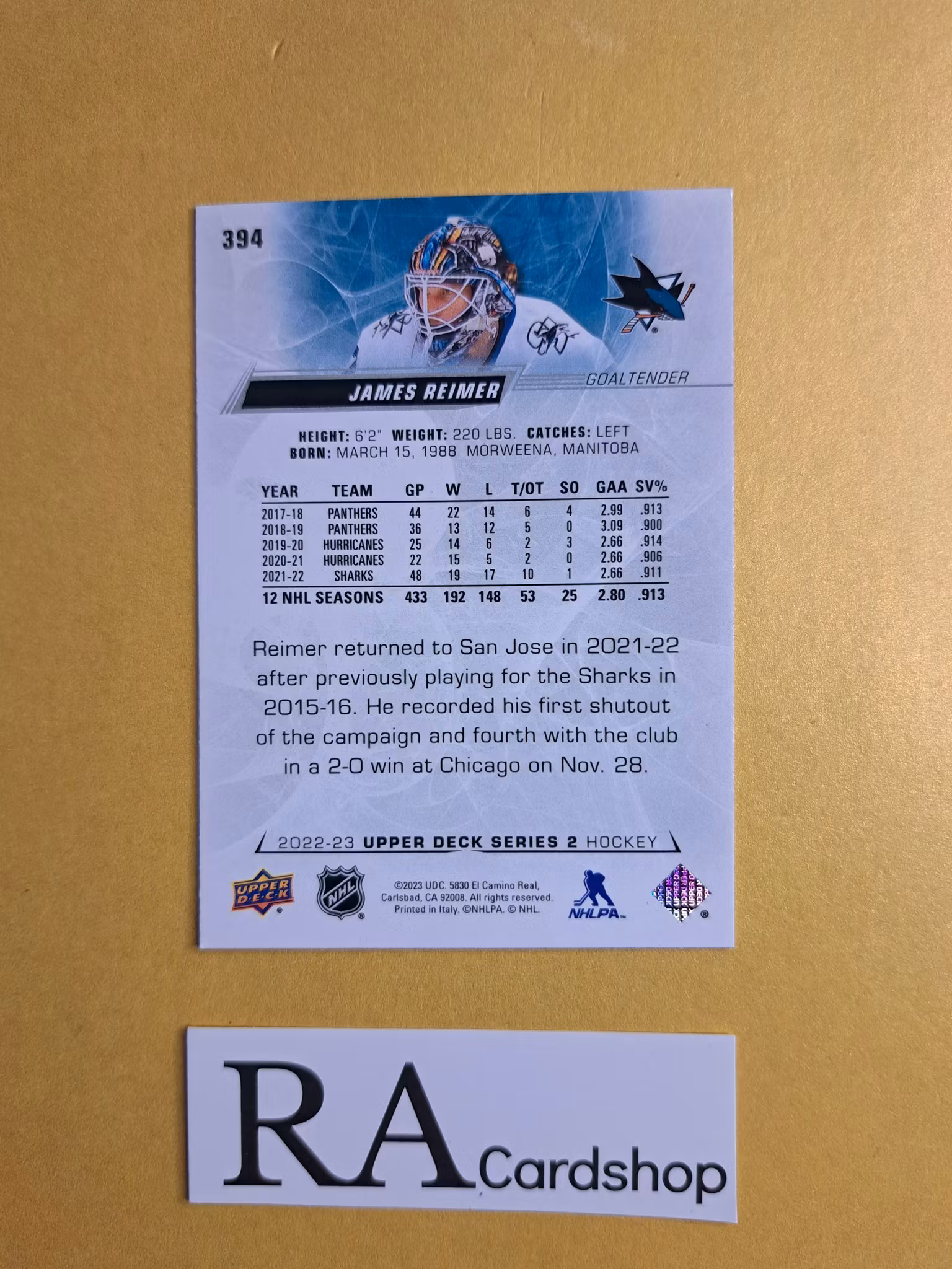 #394 James Reimer 2022-23 Upper Deck Series 2 Hockey
