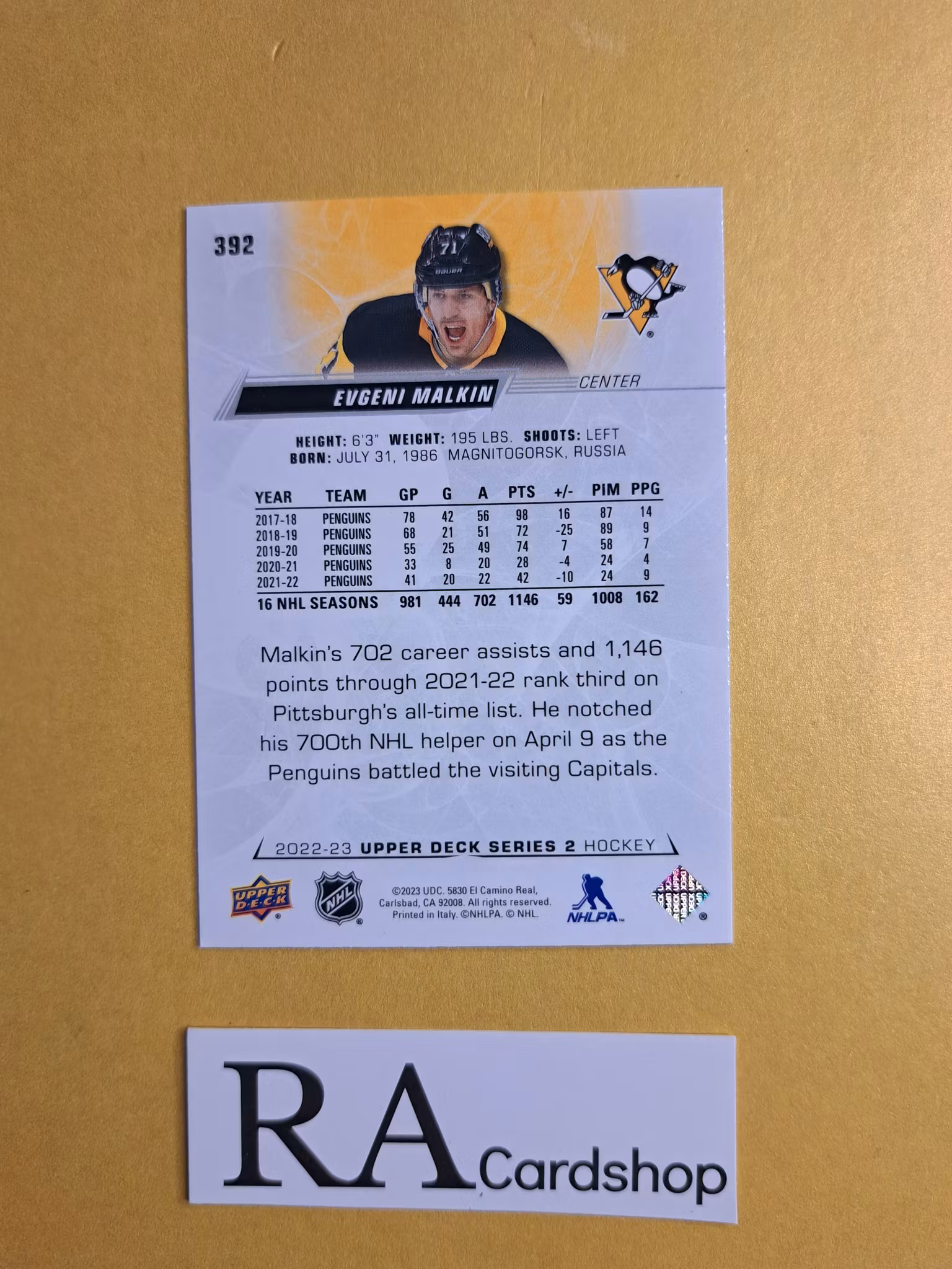 #392 Evgeni Malkin 2022-23 Upper Deck Series 2 Hockey