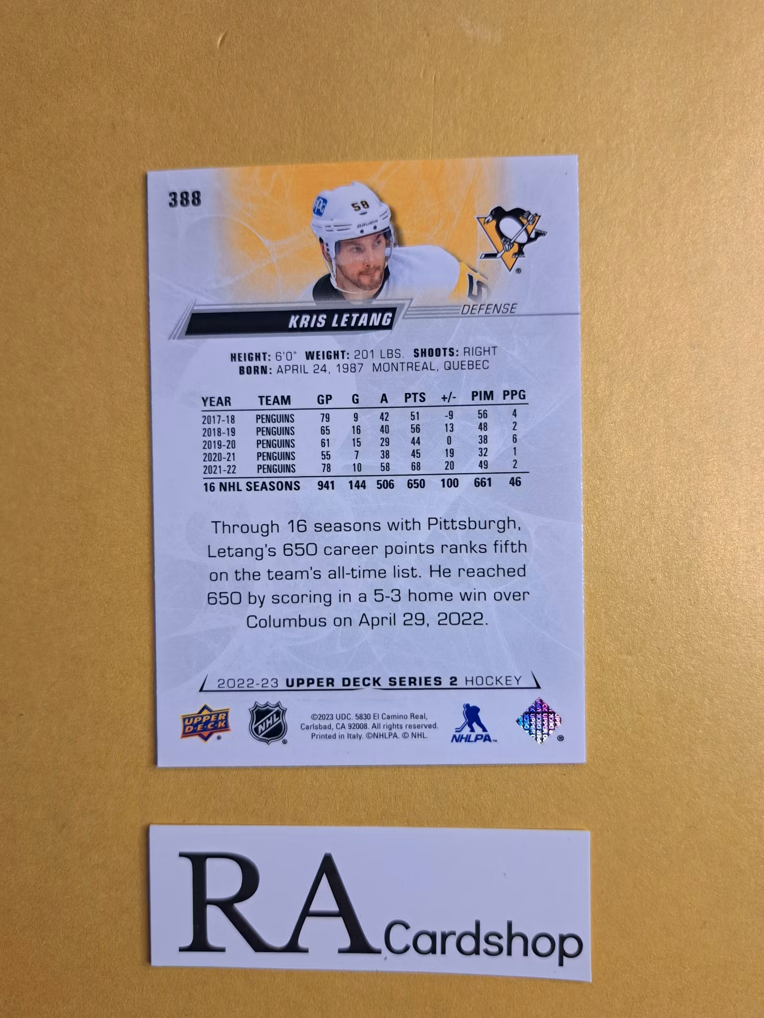 #388 Kris Letang 2022-23 Upper Deck Series 2 Hockey