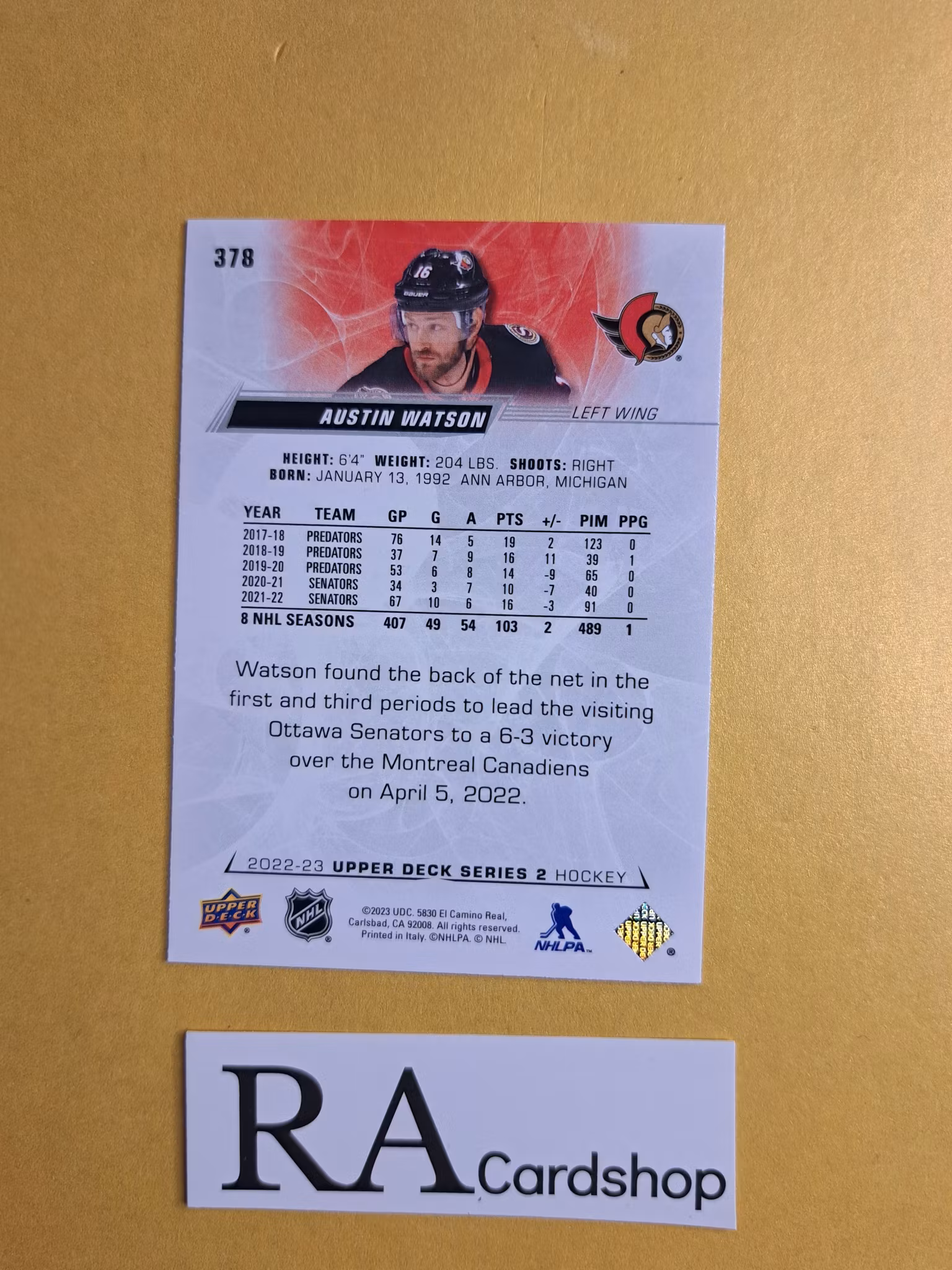 #378 Austin Watson 2022-23 Upper Deck Series 2 Hockey