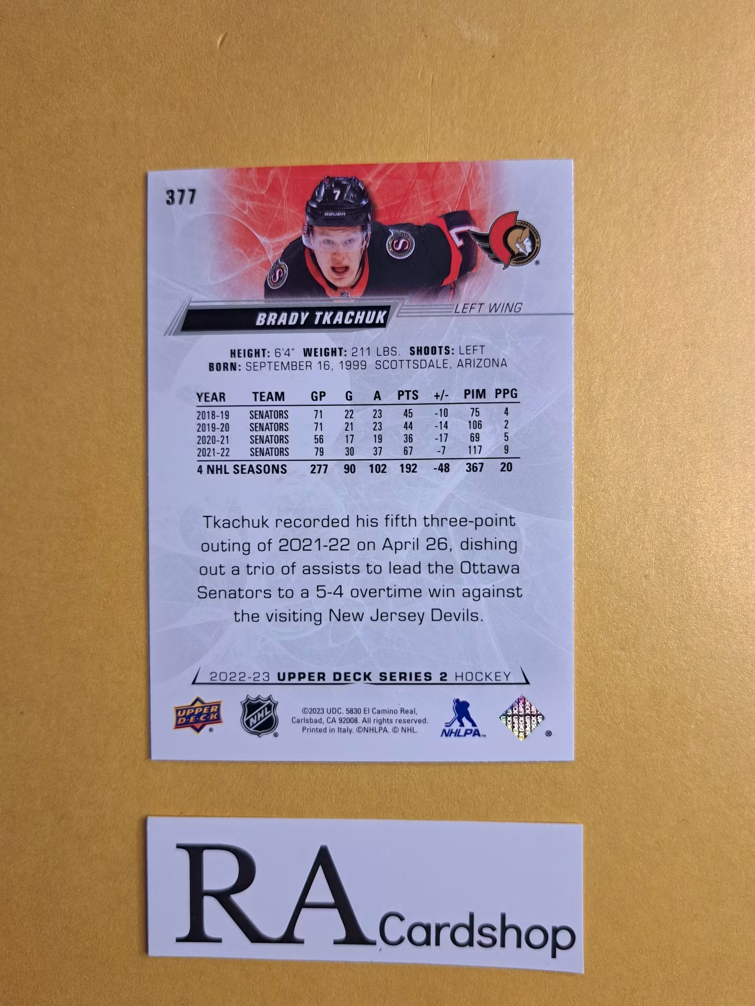 #377 Brady Tkachuk 2022-23 Upper Deck Series 2 Hockey