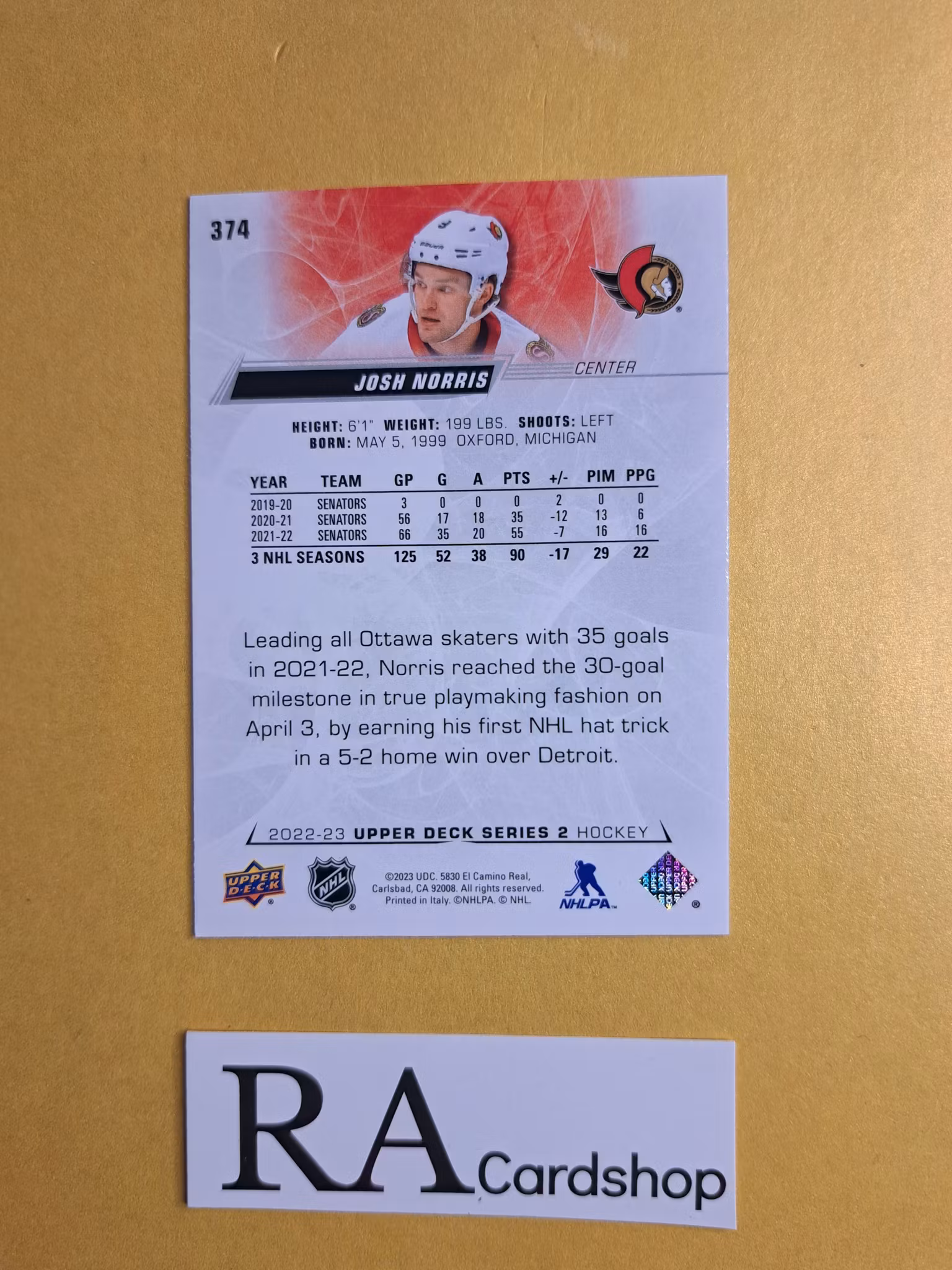 #374 Josh Norris 2022-23 Upper Deck Series 2 Hockey